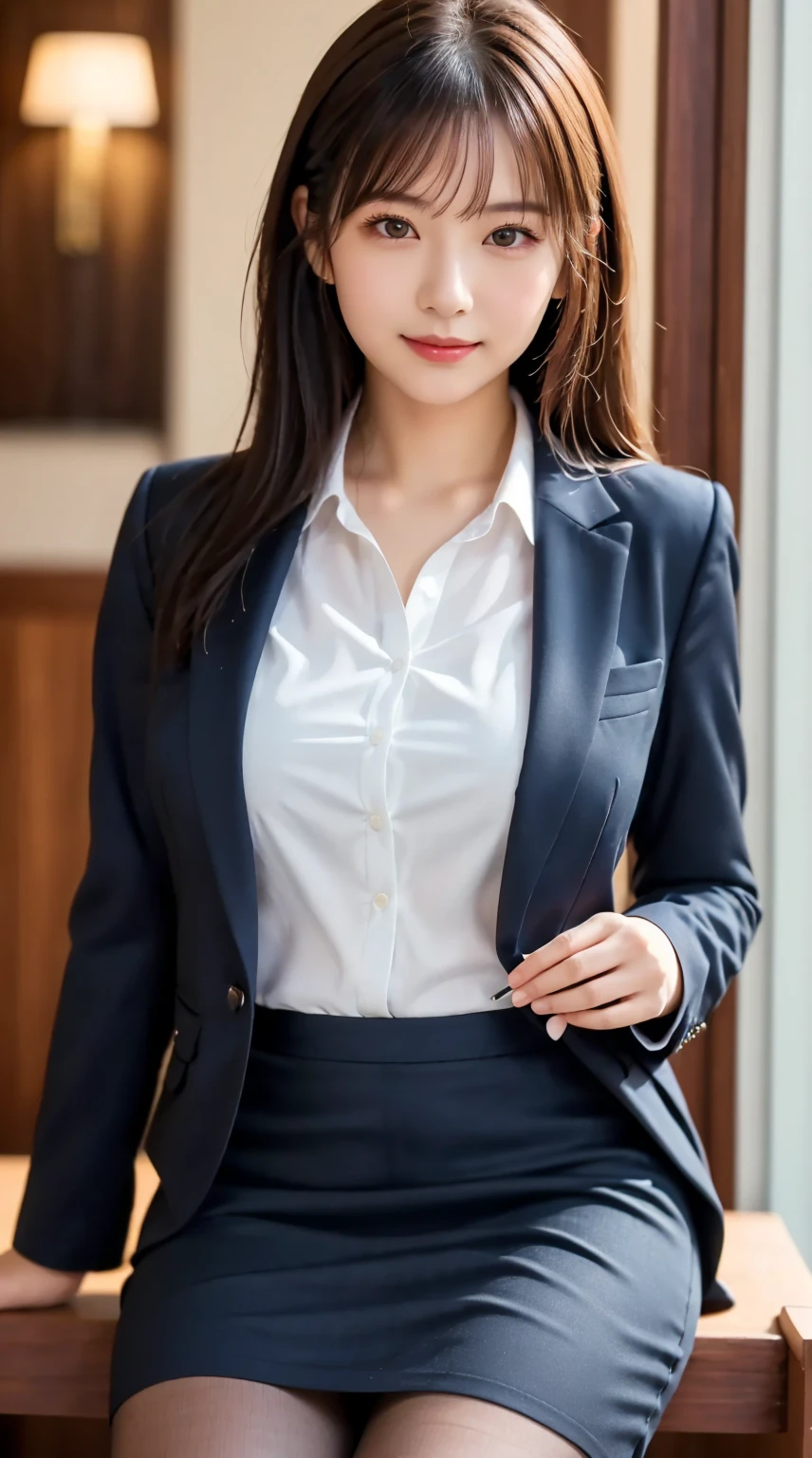 Woman in a suit standing on the sidewalk,((25-year-old woman))、small Breasts、Dark brown hair color、Hairstyle with bangs、Various hairstyles、Hairstyles of different lengths、(8k, RAW Photos, highest quality, Tabletop: 1.2),、(Realistic, Realistic: 1.3), Cityscape, Day, Sunny Morning, Professional Lighting, Photon Mapping, shirt, (Woman in a suit,) Silk Suit、Pencil Skirt、Tight Skirt、((Delicate photo)),(Detailed RAW Photos of Girls), (Tabletop:1.25), (highest quality:1.6), (超A high resolution:1.5), (Realistic:1.75), 8k resolution, Canon EOS R5, 50mm, absurdes, Ultra-detailed,Cinema Lighting, (Skirt Lift:1.5)、nsfw、the wind is strong、smile、Skirt flipped up、sexy white panties,
