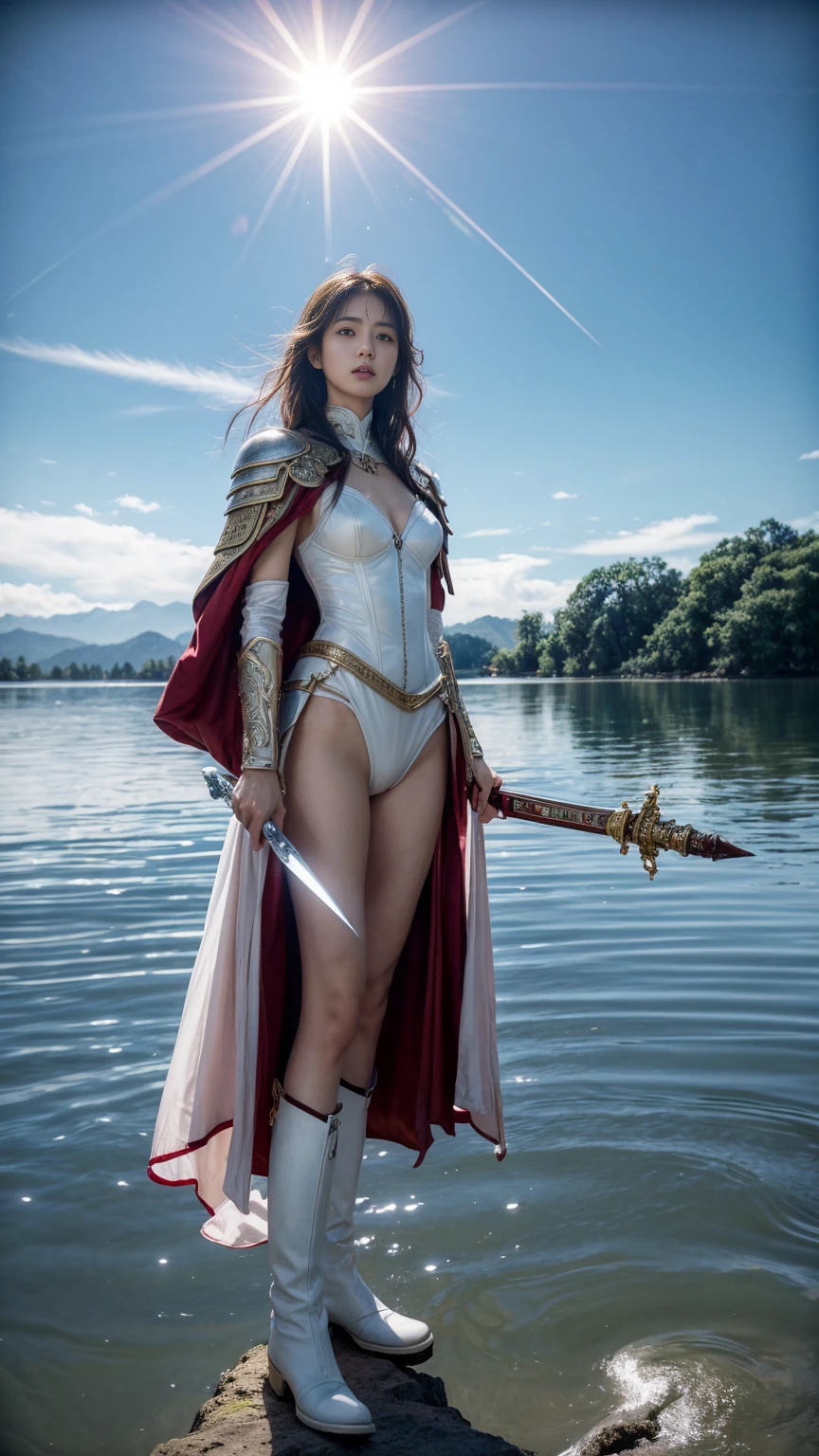 Woman in red silver dress, sexy, sexy outfit, ((Sexy Walk)), ((magic weapon)), beautiful armor, very detailed, red silver armor girl, Exquisite headdresses and ornaments, (best quality, 10, Masterpiece :1.3), (realistic, ภาพrealistic: 1.37), (1 girl), (Beautiful women between the ages of 18-20), (thin), (Focus on the slender abdomen.. :1.3), (Korea), (Silver leather short dress, Long red leather cloak, Show your arms and shoulders., silver leather skirt, short leather skirt, Emphasize her legs, High groove), (รองเท้าHeel Height), (Random pose), Huge breasts, exposed cleavage, ((dark brown hair, long hair)), exquisite face, Open the show, Fantasy, Slender figure, Very smooth face, Good eyes, Double eyelids, (long hair, Random hairstyles), (big girl :1.3), (outdoor), (Extraordinarily detailed face), (Detailed eyes), (Double eyelids), (Eyeshadow makes eyelashes look thicker.......), obscure, (Long legs, Heel Height), (((Whole body))), (professional lighting), (Photon mapping), (Radiation), silver red armor girl, ((magic beam)), magic, (Look directly at the audience.....), background, (cliff, mountain, cave mouth, stone, Dungeon, Slime, monster)