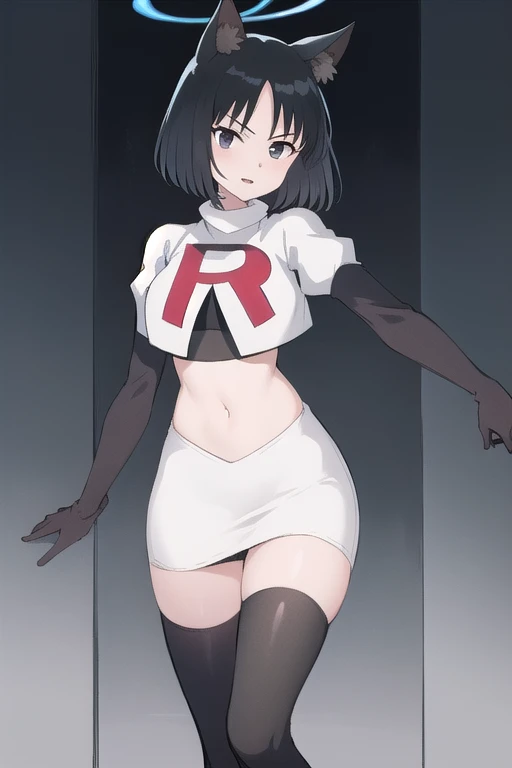 Tae Takemi,rocket,team rocket uniform, red letter R, white skirt,white crop top,black thigh-high boots,black elbow gloves, evil smile, look at viewer, sexy poses