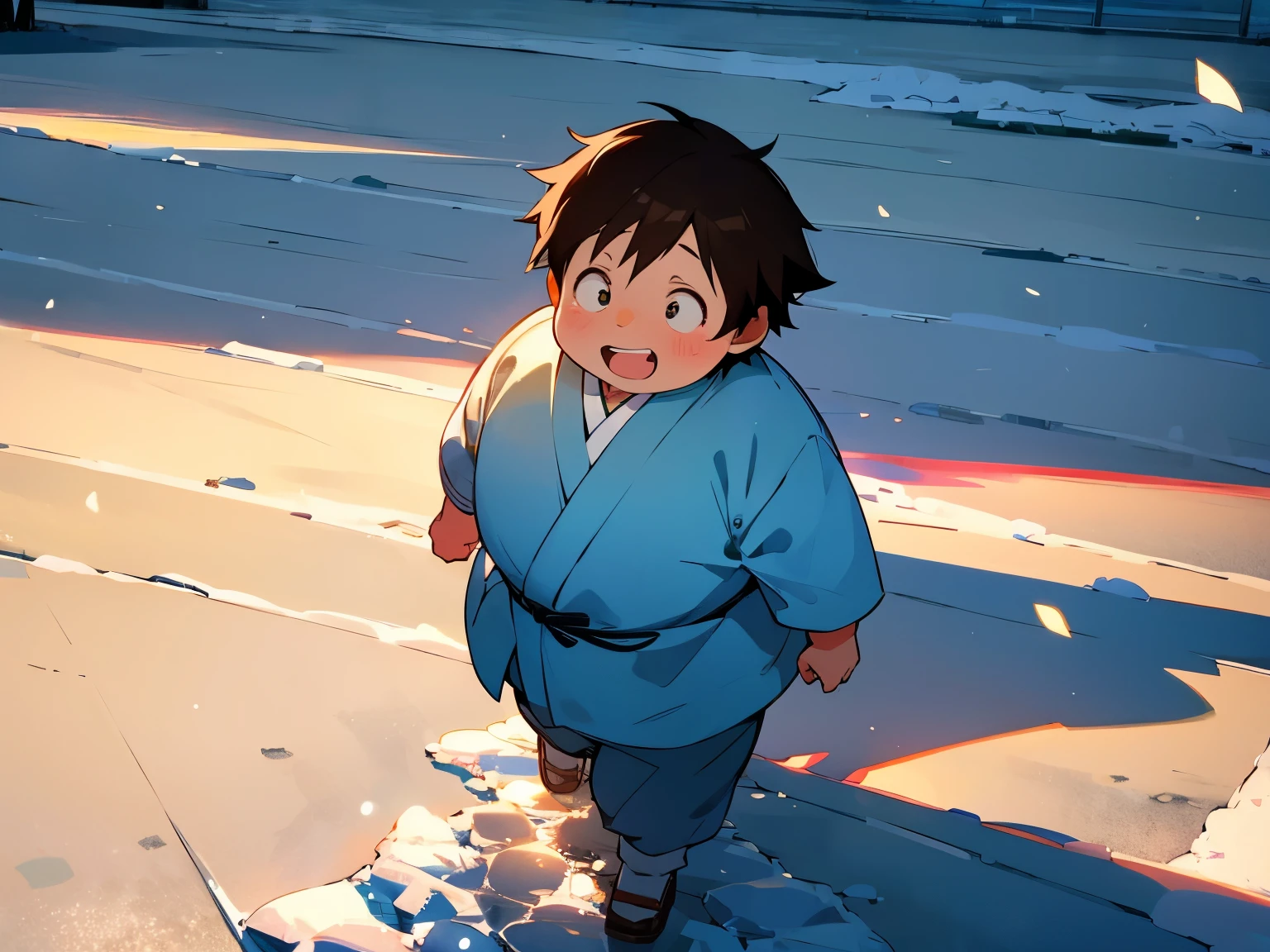 (best quality,Super precise depiction,one boy,fat,perfect anime illustration),boy walking on the street,shinobi, kimono,blue sky,winter city,anime style,brown color,soft sunlight,strong shadows,detailed background,brown hair,laughing expression,clean lines,crisp details,high resolution,impeccable shading,realistic lighting effect,sparkling snowflakes,frosty breath,icy sidewalks,cozy atmosphere, haruyukiarita, ((hiperdetalhado))