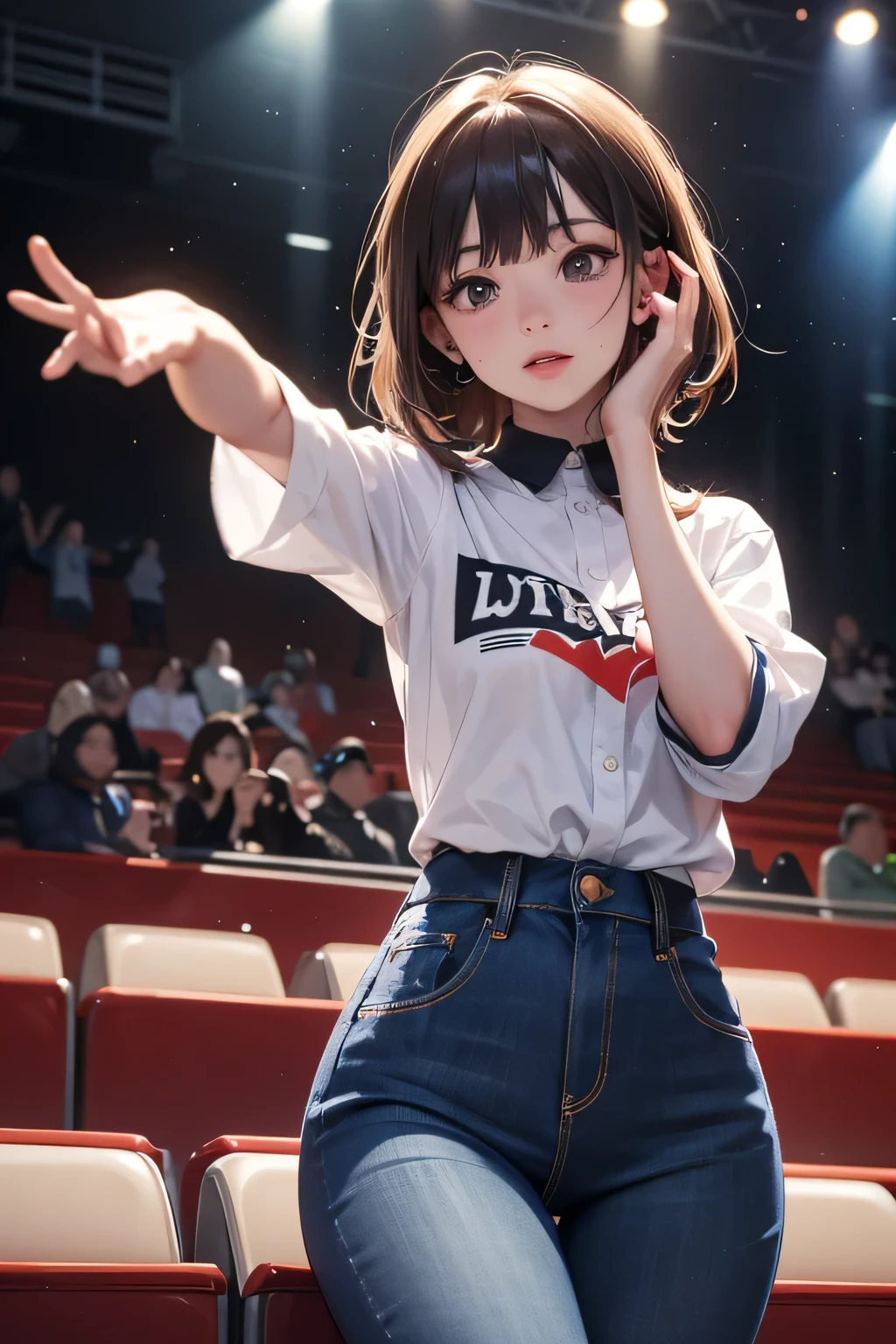 ((Highest quality)), ((masterpiece)), (detailed), Perfect Face, Perfect Arms, Perfect hands, anime, Ultra-fine illustration, ((1 person)), Cute Girls, Larger breasts, Brown hair ponytail, {(White pleated skirt)}, (Orange Cool NeckＴshirt)}, {((sing)), ((Mike stand)), ((audience))}, Hands on hips, Concert Hall, indoor, Cowboy Shot,