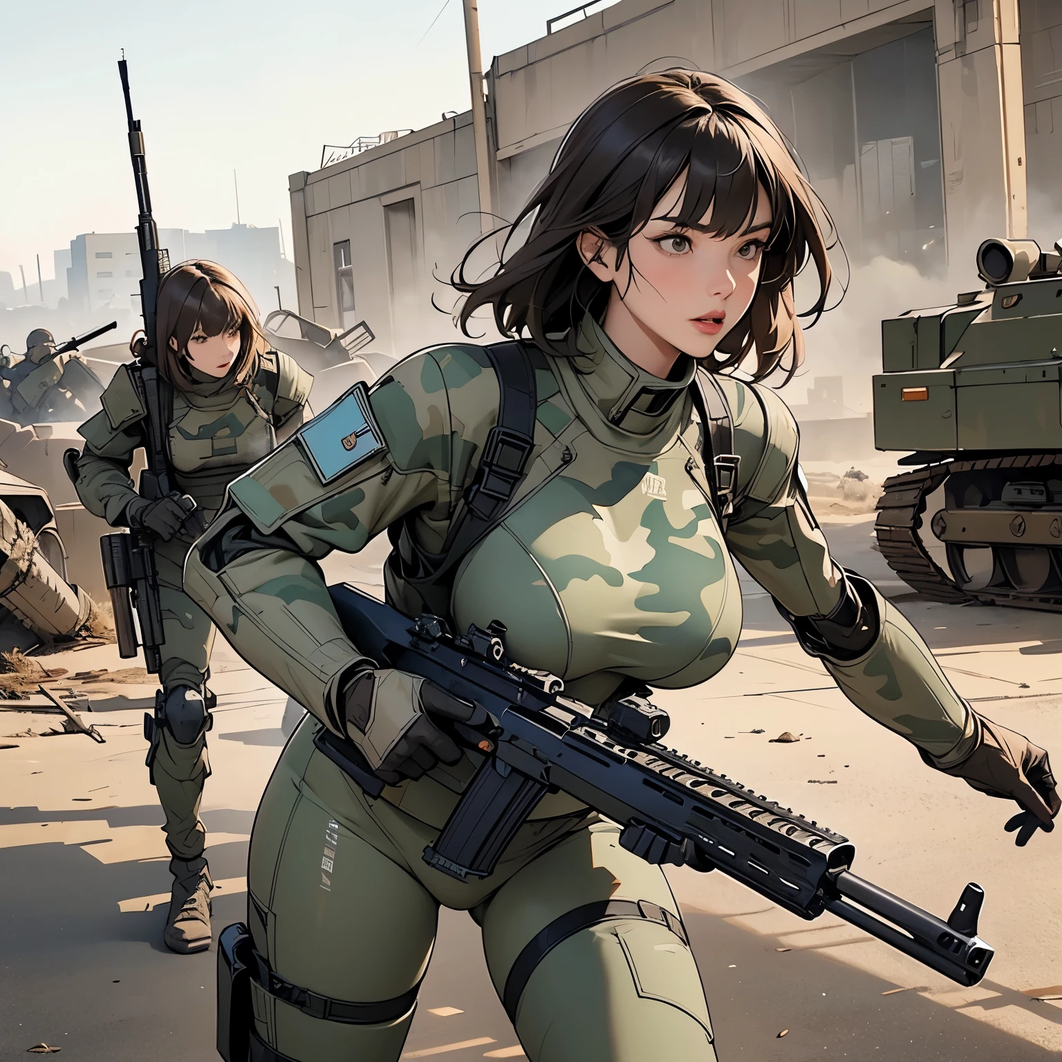 nsfw, anime screencap, 16K, perfect anatomy proportion body, perfect hands, action, A dynamic composition with a sense of speed and movement, (Hold an assault rifle:1.6), a wife, 40age, perfect beautiful delicate sexy face, perfect beautiful delicate eyes, brown hair, short bob hair, gigantic tits, Camouflage colored heavy armor robotic steam engine full armor powered suit, Many robot soldiers having a gunfight in the background, Flying bullets, Urban battlefields, war, cyber punk,