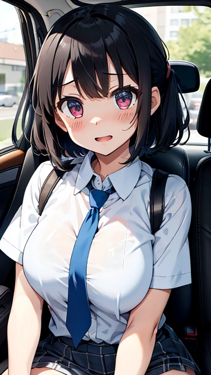 ((best quality)), ((masterpiece)), ((detailed)), (((perfect face))), (((slender 18yo teenage girl))), ((((topless)))), (((medium breasts))), ((dark blue pleated skirt from waist to thighs))), ((dark brown hair)), ((short ponytail)), (((blue eyes))), ((shy:1.4)), ((blushing:1.5)), ((skinny thighs)), ((skinny hips)), (((bare arms))), (((bare shoulders))), (((bare stomach))), (((front seat of car))), (((sitting))), (((view from above))), (((girl looking up at viewer))), (((black car interior)))