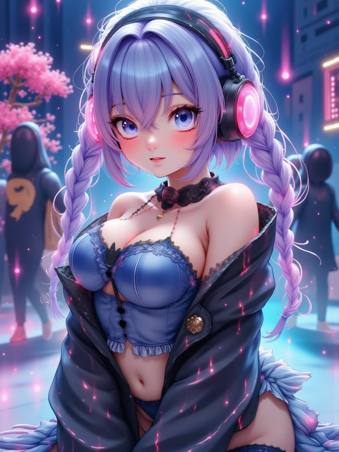 Korean girl aesthetic, realistic depiction, clear and defined eyes, full lips with lip gloss, eyeshadow, pink and light blue monochromatic color scheme, neon lighting, cute and kawaii elements, purple hair, natural lighting, joyful and whimsical vibe, cleavage, huge tits, cute revealing outfit, thigh highs, pink panties, cat ears, arms behind back, sexy pose