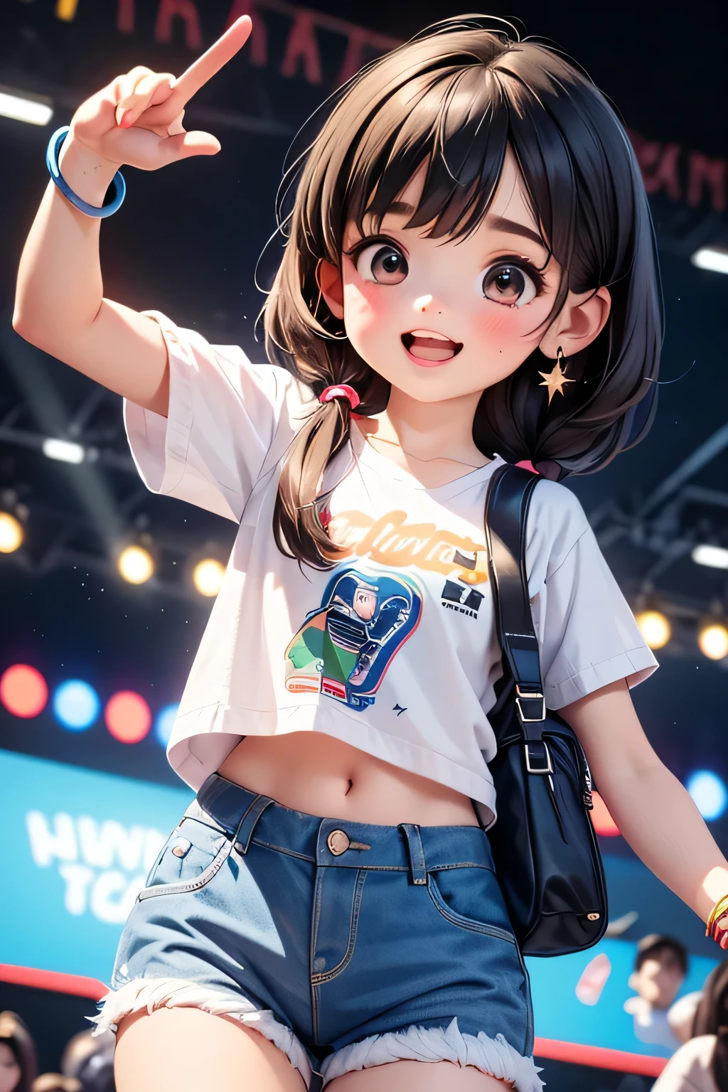 best quality 、 high resolution、( high definition:1.2)、masterpiece、 detailed background 、 beautiful face down to the smallest detail、 detailed face、 detailed expressions 、 detailed eyes、 anatomically correct、(Normal number of fingers:1.4)、age beauty、
( and is excited to win an esports tournament :1.5)、(Extremely excited girl :1.5)、 beautiful scene like a scene from a movie 、 powerfully declared 「VICTORY」 was projected 、 jeans have damage treated 、
with 、 small waist pouches and mini backpacks 、 shaking her voice while shaking tears 、 can only shine at this time and can't hide their excitement 、 skinny jeans or shorts 、 use colorful hairpins and ribbons to match the team color 、 The leader is a girl who is holding a microphone 「 evokes even louder applause 、 really did it !I will continue to do my best!」 on the big screen and 、 x} with everyone Even when taking commemorative photos 、 let's continue to be the strongest team 、 leader's girl 、 the appearance of the girls shone dazzlingly in excitement and emotion on stage、
The girls on stage have big smiles while waving their hands 、 the team logo and player name are printed on the back 、 they raise the championship trophy 、 Accent color lines on sleeves and collar based on team colors 、 if it's jeans, roll up the sleeves a little bit to create a sense of activity 、 repeated high fives and hugs while shouting 、
shorts with a line on the side for a sporty impression 、 } There is a sense of unity with team logos and names on tops and accessories 、 look gorgeous with waves or light curls when the hair is down 、 or cute hair band that looks when the headset is removed 、 The wristbands and bracelets are designed using team colors 、 The earrings and earrings are small and sparkly star-shaped ren with modest personalities such as heart-shaped 、 cute like a girl but also emphasizes ease of movement 、 girls who are excited to win an e-sports tournament 、 ponytails or Hairstyles that are easy to move around in, such as twin tails 、 oversized sports jerseys