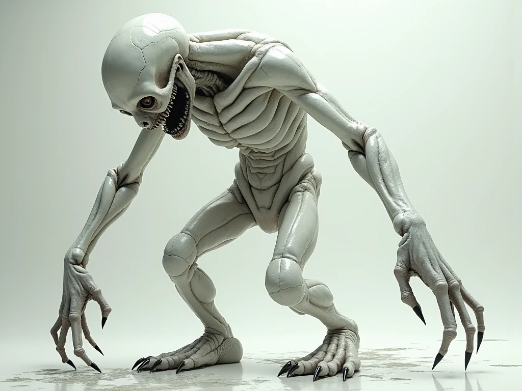 ((best quality)), ((masterpiece)), (detailed), an alien creature, (hr giger inspired), (velociraptor form), pale, milk-white skin, translucent skin, smooth skin texture like a dolphin, no hair, round head, (bulbous head), (xenomorph head), (atrophied eye sockets), (smooth face), (bright prominent gums), (a long tongue like an elephant trunk coming out of the mouth with a squid-like beak at the tip), (protrusions along a skeletal ridged back), (breathing holes on the chest), elongated limbs, a tail that splits into three tentacles, (tentacles with spikes instead of suckers), (walking on long skinny arms), where the legs would be is another set of arms that are used for grabbing, H R Giger, Clive Barker's The Thing, xenomorph, predator, Engineer, dinosaur, sci fi horror, cosmic horror