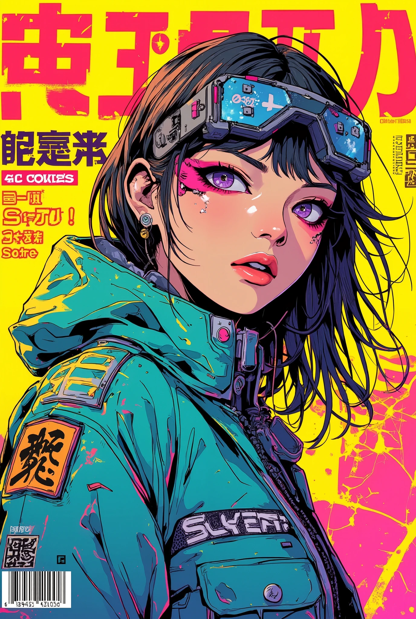 ((manga (((magazine cover))) illustration) of (beautiful cyberpunk girl wearing street style clothing))), cute Japanese ager, (very detailed linework), (katsuhiro otomo art style), comic book colours, ((Japanese text)), barcode.