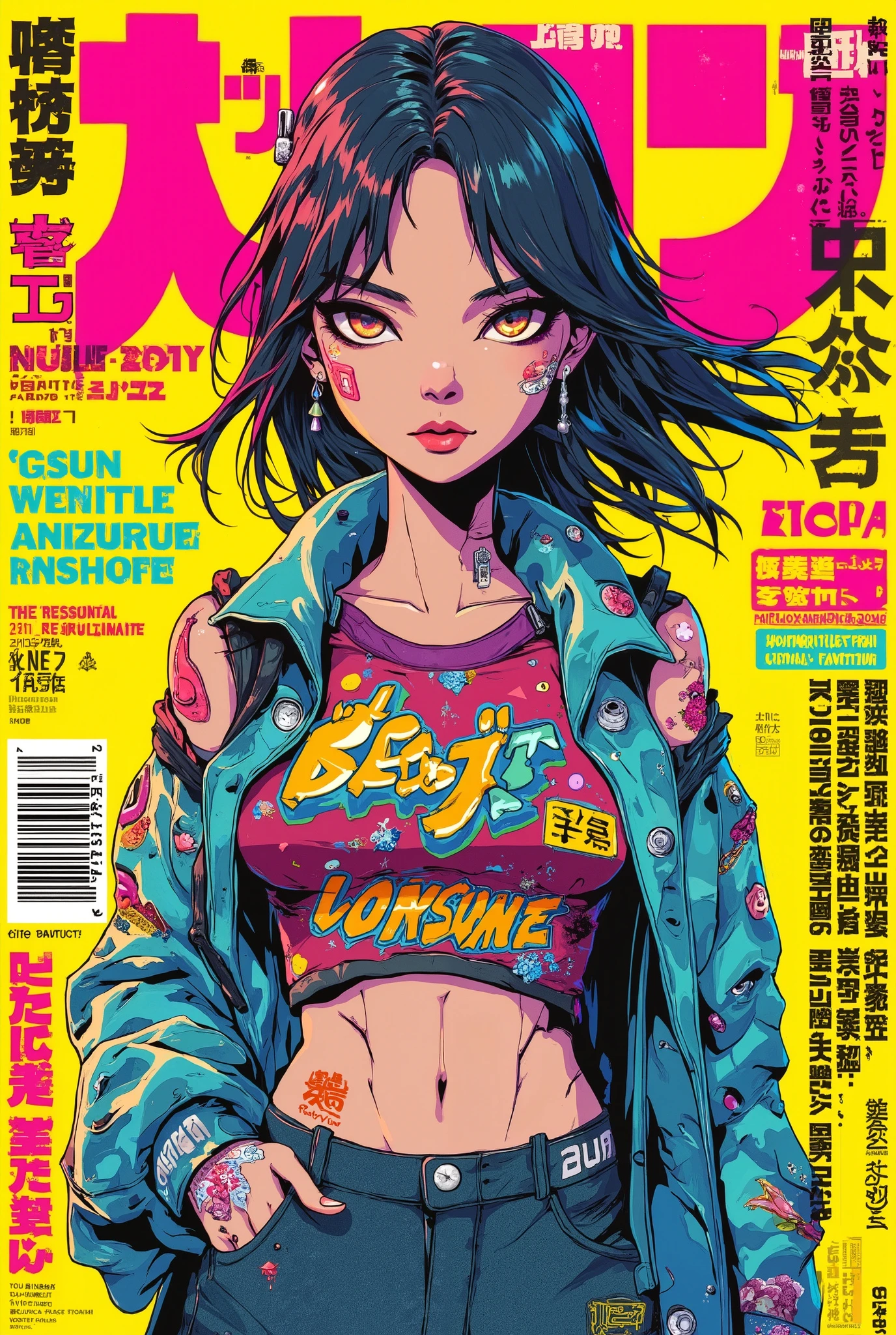 1girl, sfw, cap, shorts, jacket, nice slender body, large breasts, (Magazine cover-style illustration of a fashionable woman in vibrant outfit posing in front of a colorful and dynamic background. She has a confident expression and is striking a pose. The text on the cover should be bold and attention-grabbing, with the title of the magazine and a catchy headline. The overall style should be modern and trendy, with a focus on fashion and lifestyle), wallpaper, crowds, fashion, contrapposto, female focus, model, cool