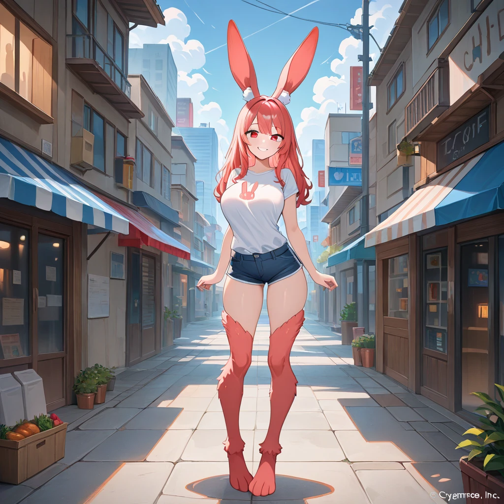 Pink bunny with spider legs on her back and a body similar to a girl on her head has two big pink bunny ears and her nose is similar to that of a bunny big breasts long pink hair wearing casual clothes holding the hand of a child version of herself same small girl without big breasts who is wearing cold weather clothes