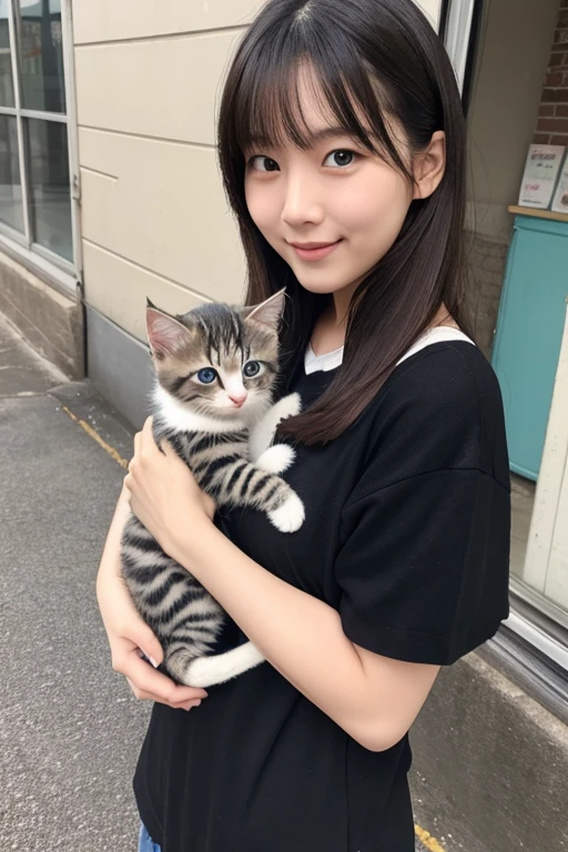 (best quality,masterpiece:1.2),1girl,solo,fair skin,half length,8k,ultra high res,ultra detailed,best quality,looking at viewer,perfect lighting,flat light,ultra high quality,ultra high res,masterpiece,photorealistic,detailed face,perfect anatomy,bangs,<lora:toumaami_v01-000009>,bob cut,medium hair,black hair,simple background,profile,looking down,(((flat chest))),from side,wind from front,large field,blue sky,basaball cap,overalls,((holding a fat cat in front of her chest)),