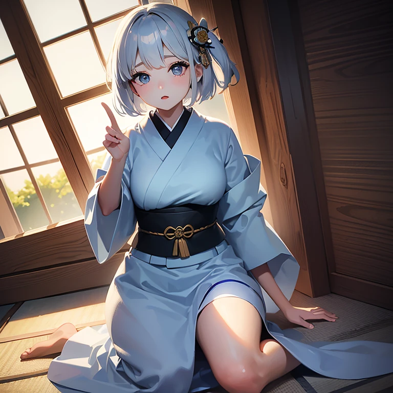 ((Masterpiece)), (Professional Photography:1.2), (High Definition:1.3), from above, best quality, 8K, Textured skin, (indoor), 1girl, (short stature), sit on the ground, ((cute girl)), (very blunt bangs, slightly loose curls hair, breasts length hair, high details of pale silver hair), (blush, smile), brilliant green eyes, (drooping eyes), (cute pose), barefoot, small breasts, slender waist, ((wearing kimono,)), (beautiful Japanese dress), ((Gorgeous flower patterned kimono)), morning at dawn, cityscape