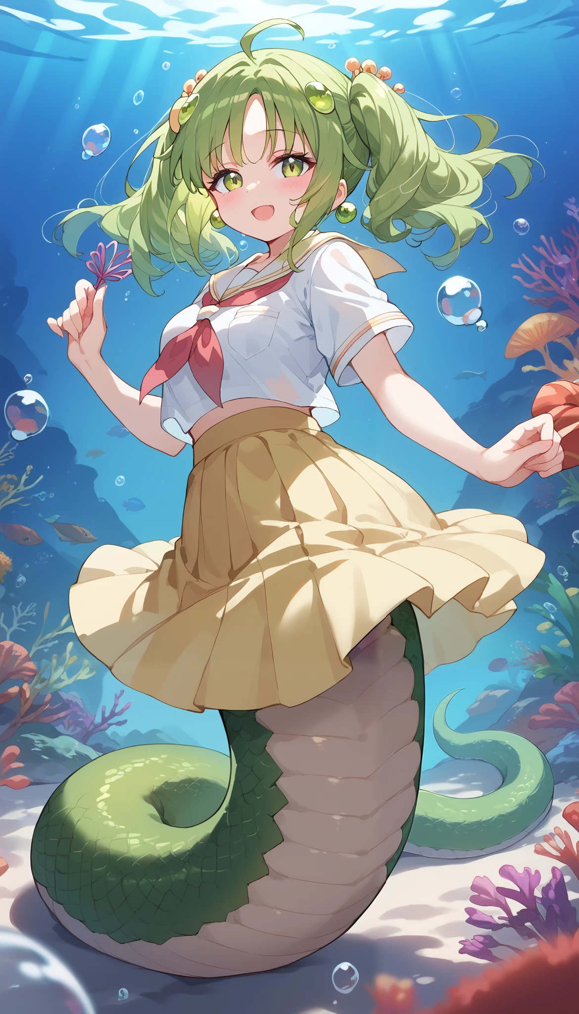Fraction_9,Fraction_8_up,Fraction_7_up,Fraction_6_up,Fraction_5_up,Fraction_4_up,close-up,(zPDXL3), ( masterpiece), ( Best Quality),( full five fingers),
1 Girl, unique ,Catch Cordyceps Sera , green hair ,Twin ponytails, green eyes ,skirt,yellow skirt,school uniform,
Ahog,Hair accessories, blush,lamia,The green snake tail ,Full body picture,(Underwater:1.2),seabed