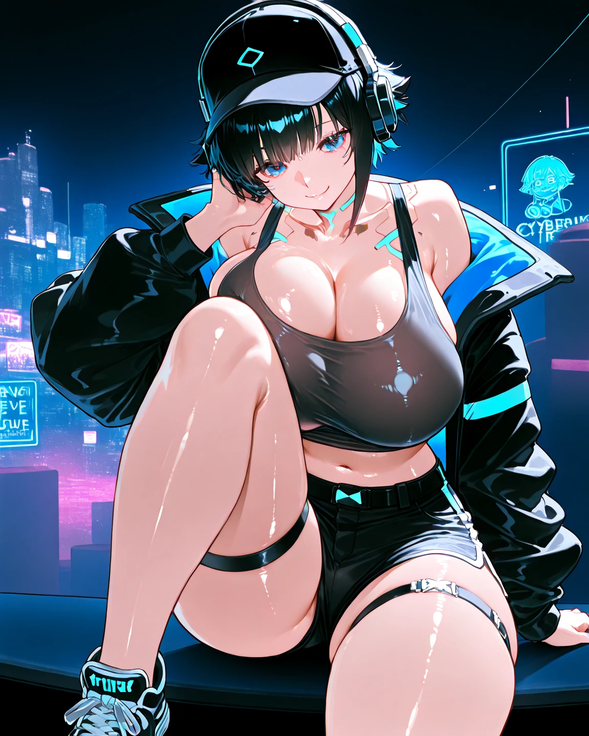 1girl, medium breasts, thick thighs, hourglass figure, toned, smile, light smile, blue hair, light blue hair, blue eyes, very short hair, pixie cut, shoes, sneakers, socks, ((socks)), bikini, black bikini, jacket, black jacket, open jacket, neon trim, neon, neon lights, blue trim, tech, machinery, science-fiction, futuristic, bunny ears, rabbit ears, cropped jacket, ((cropped jacket))