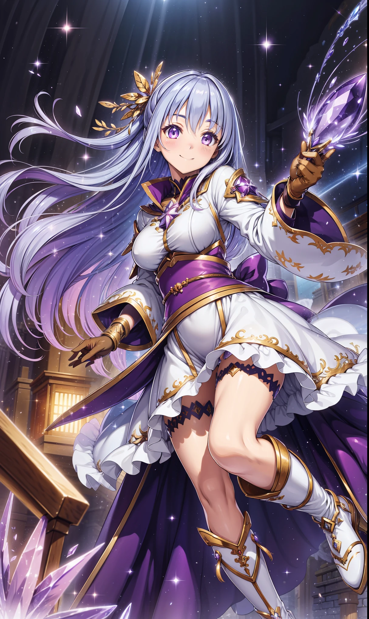 Super High Resolution Ultra High Quality 、 Japanese cartoon 、 Smile、Fantasy 、Mage、Saint, High Quality Clothes Textures , Realistic Textures of Materials , Luxurious Adventurer Outfits , Sparkling Gems , Silver decoration, platinum, Brown leather gloves, Over-the-Knee Dress , joy, Beautiful Girls Have Great Shapes, Lavender Hair , Eye highlights, Navy purple eyes, Diverse perspectives