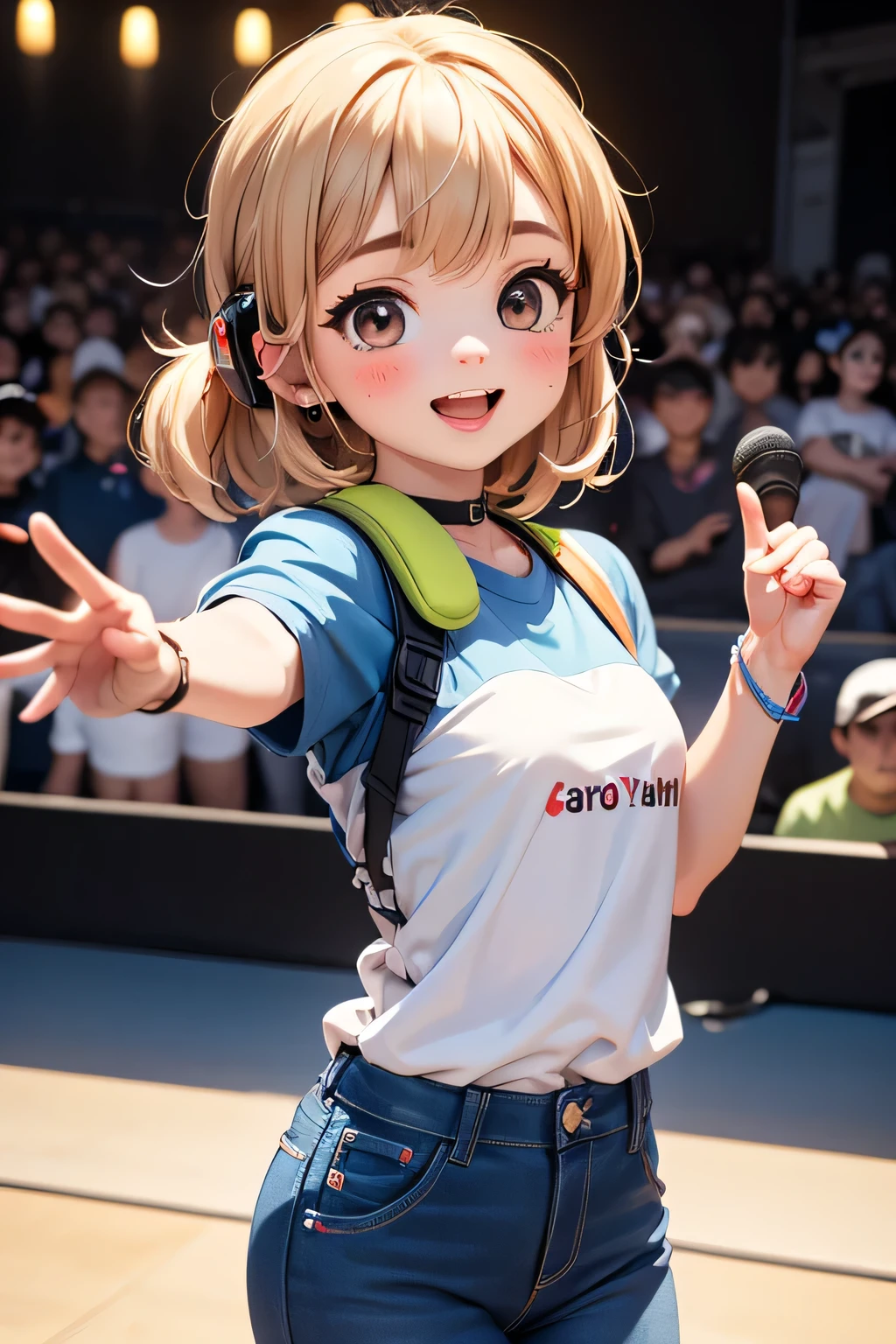 best quality 、 high resolution、( high definition:1.2)、masterpiece、 detailed background 、 beautiful face down to the smallest detail、 detailed face、 detailed expressions 、 detailed eyes、 anatomically correct、(Normal number of fingers:1.4)、age beauty、
( and is excited to win an esports tournament :1.5)、(Extremely excited girl :1.5)、 beautiful scene like a scene from a movie 、 powerfully declared 「VICTORY」 was projected 、 jeans have damage treated 、
with 、 small waist pouches and mini backpacks 、 shaking her voice while shaking tears 、 can only shine at this time and can't hide their excitement 、 skinny jeans or shorts 、 use colorful hairpins and ribbons to match the team color 、 The leader is a girl who is holding a microphone 「 evokes even louder applause 、 really did it !I will continue to do my best!」 on the big screen and 、 x} with everyone Even when taking commemorative photos 、 let's continue to be the strongest team 、 leader's girl 、 the appearance of the girls shone dazzlingly in excitement and emotion on stage、
The girls on stage have big smiles while waving their hands 、 the team logo and player name are printed on the back 、 they raise the championship trophy 、 Accent color lines on sleeves and collar based on team colors 、 if it's jeans, roll up the sleeves a little bit to create a sense of activity 、 repeated high fives and hugs while shouting 、
shorts with a line on the side for a sporty impression 、 } There is a sense of unity with team logos and names on tops and accessories 、 look gorgeous with waves or light curls when the hair is down 、 or cute hair band that looks when the headset is removed 、 The wristbands and bracelets are designed using team colors 、 The earrings and earrings are small and sparkly star-shaped ren with modest personalities such as heart-shaped 、 cute like a girl but also emphasizes ease of movement 、 girls who are excited to win an e-sports tournament 、 ponytails or Hairstyles that are easy to move around in, such as twin tails 、 oversized sports jerseys