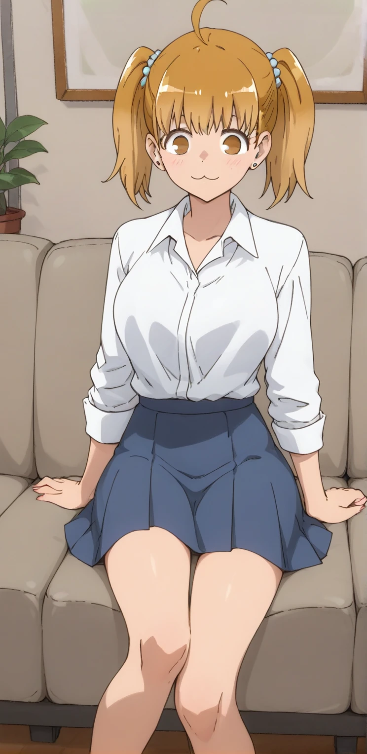 , (Spread your legs)、 (White panties), policewoman, Blue uniform、Miniskirt Police、White shirt, sunny,, Mature Woman, Anime cel style, highest quality, High resolution, One girl, (Large Breasts:1.2), Beautiful Face, Beautiful fingers, Beautiful long legs, Beautiful body, Beautiful Nose, Beautiful character design, Blonde, bangs, blue eyes, View Viewer, Cowboy Shot, blush、Embarrassed look、Nipples are visible、