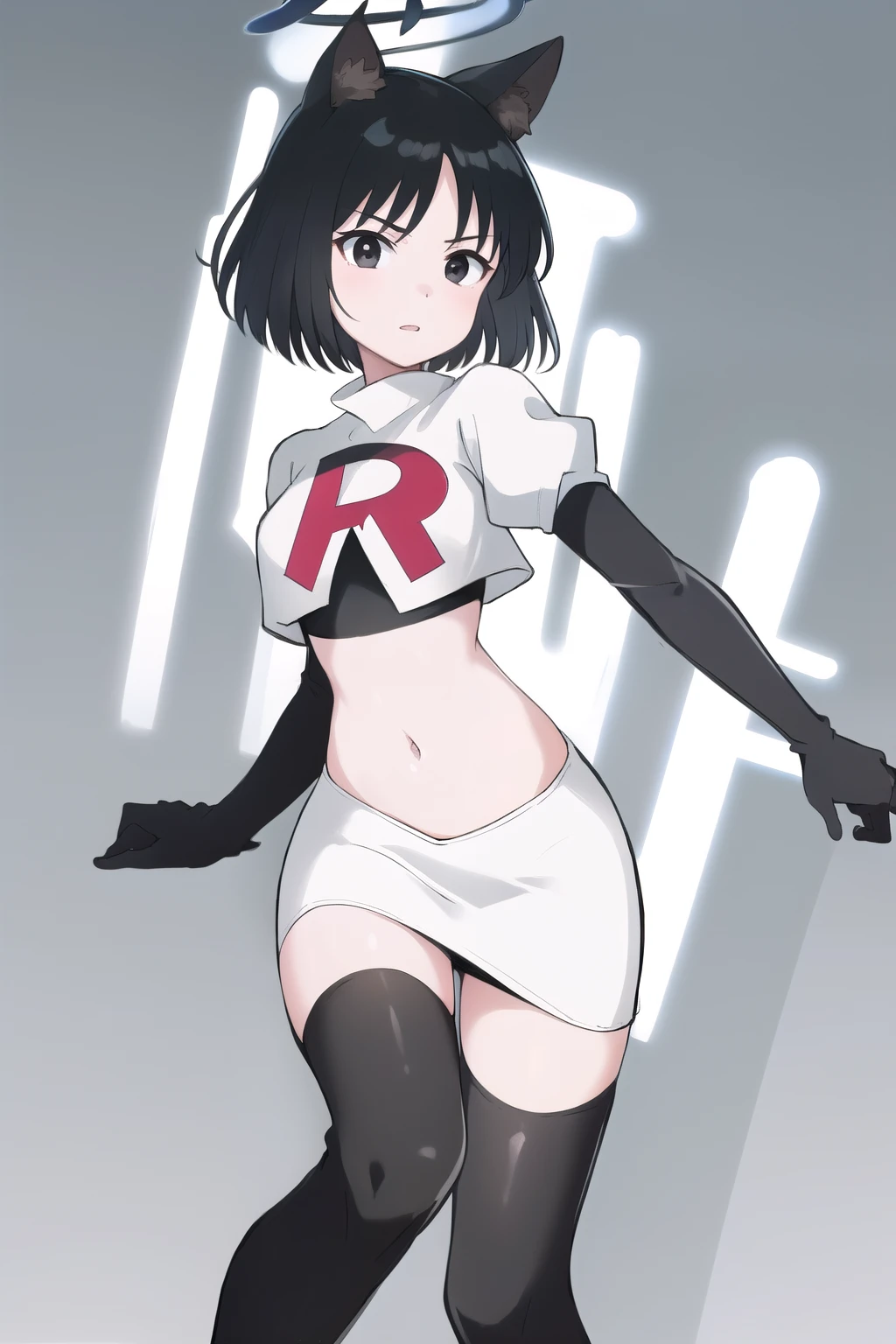 1girl, (kijin seija), breasts, solo, streaked hair, black hair, short hair, multicolored hair, horns, red eyes, crazy eyes, wide-eyed, constricted pupils, team rocket,team rocket uniform, red letter R, white skirt,white crop top,black thigh-highs,black elbow gloves