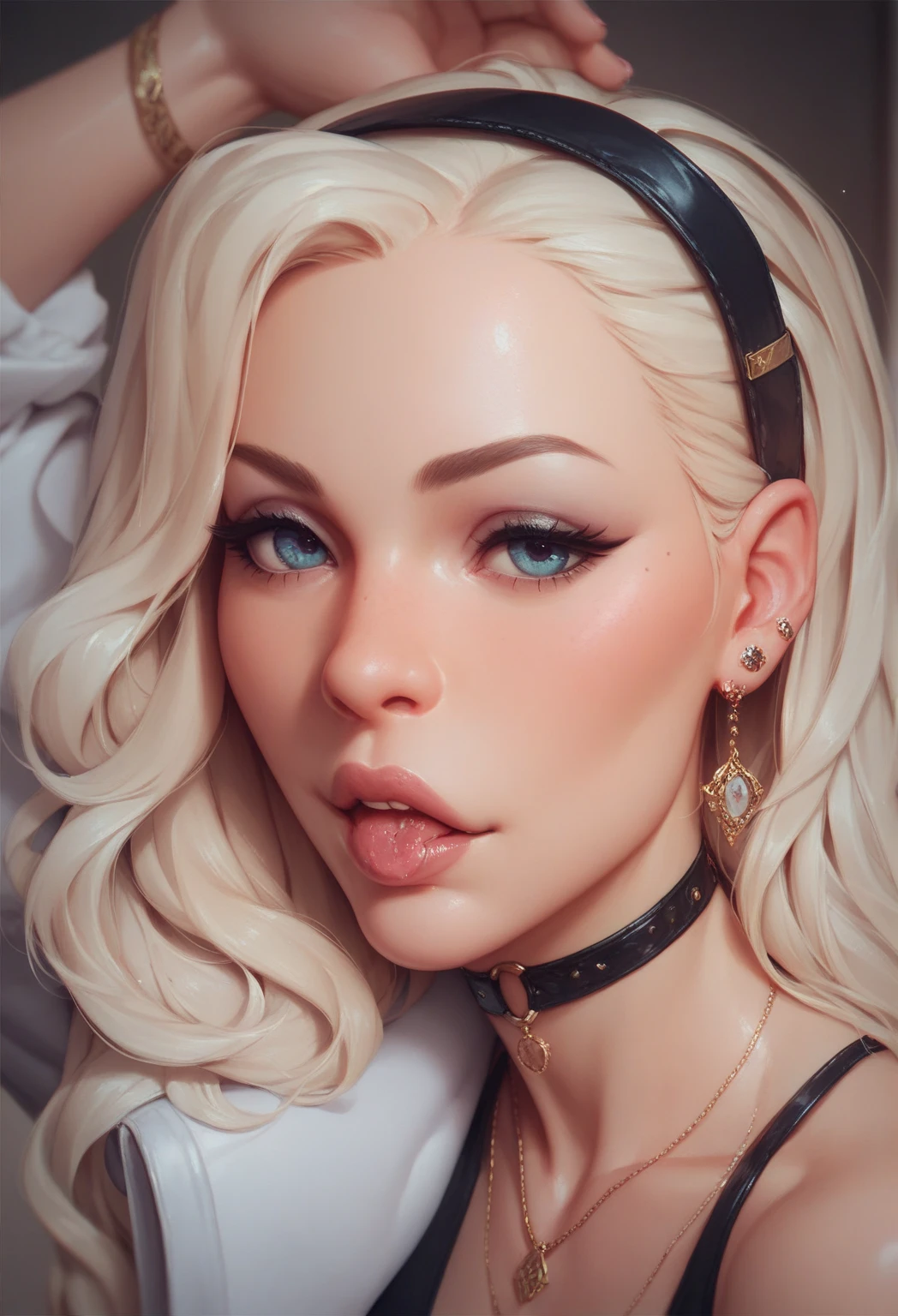 a beautiful blonde haired european woman, with long hair and braids, She wears a beautiful sexy maid outfit , light white skin, Full view of her beautiful slender and voluptuous body, huge breasts, sitting, She looks straight ahead with a look of surprise, front view, hyperrealistic quality image, Excellent lighting details, big butt, showing off her defined and realistic feet, with beautiful earrings and necklace that matches your outfit, inside a travel suitcase, In a bed, with a gift bow on her head, has a barcode tag on the forehead, has a fragile product label on the arm, doing a sexy pose, crossing your legs in a sensual way