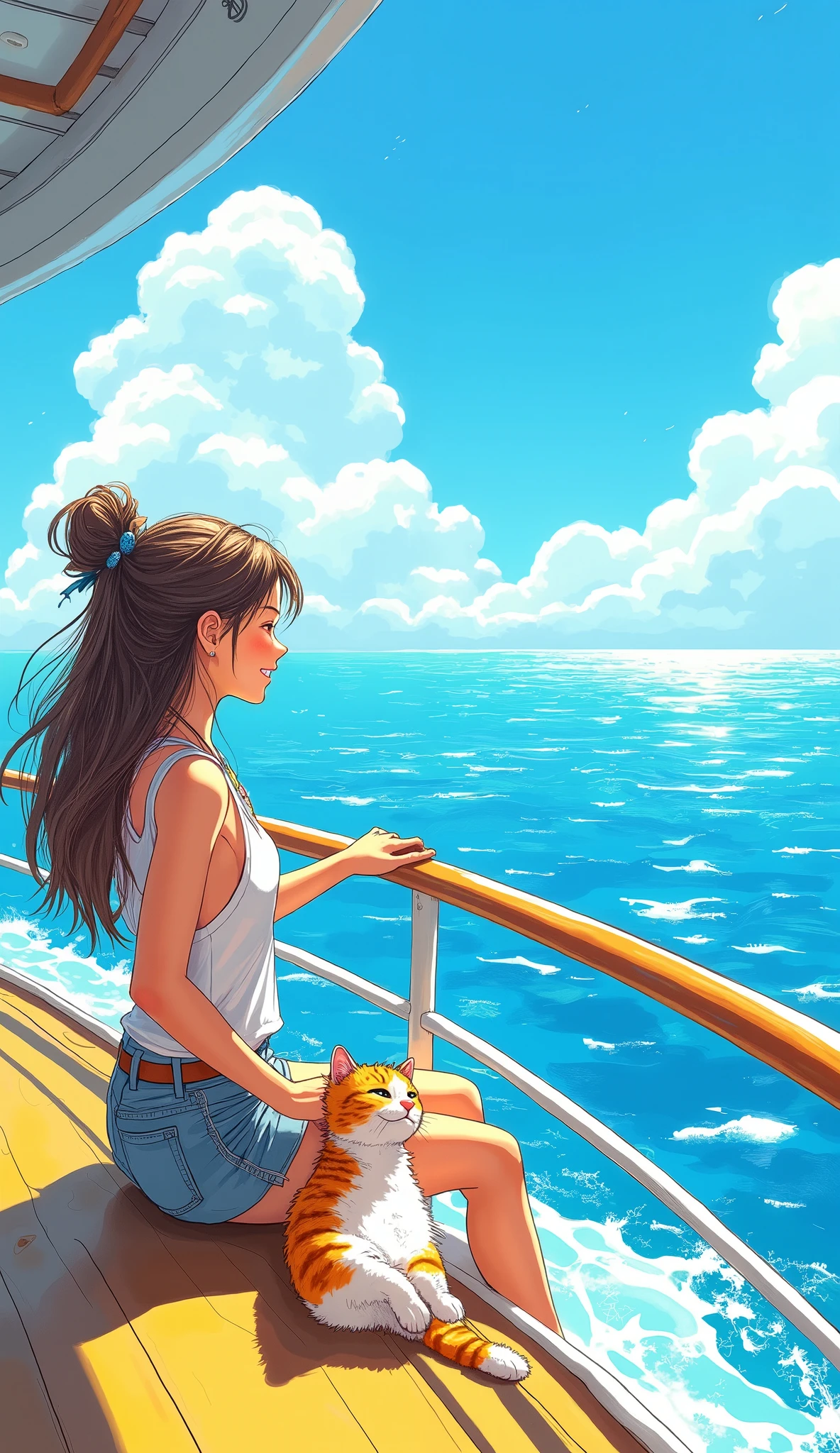 A playful blue and yellow sketch style illustration of a girl sitting on the top deck of a luxurious cruise ship. She has a joyful expression as she gazes at the vibrant blue sky and the shimmering ocean. Beside her, a cute cat with fluffy fur is playfully lounging, basking in the sunshine. The sketch captures the whimsical essence of the scene, with loose lines and cheerful colors that highlight the luxury of the cruise ship and the carefree atmosphere of their adventure at sea. The background features stylized waves and fluffy clouds, enhancing the playful vibe of the artwork.