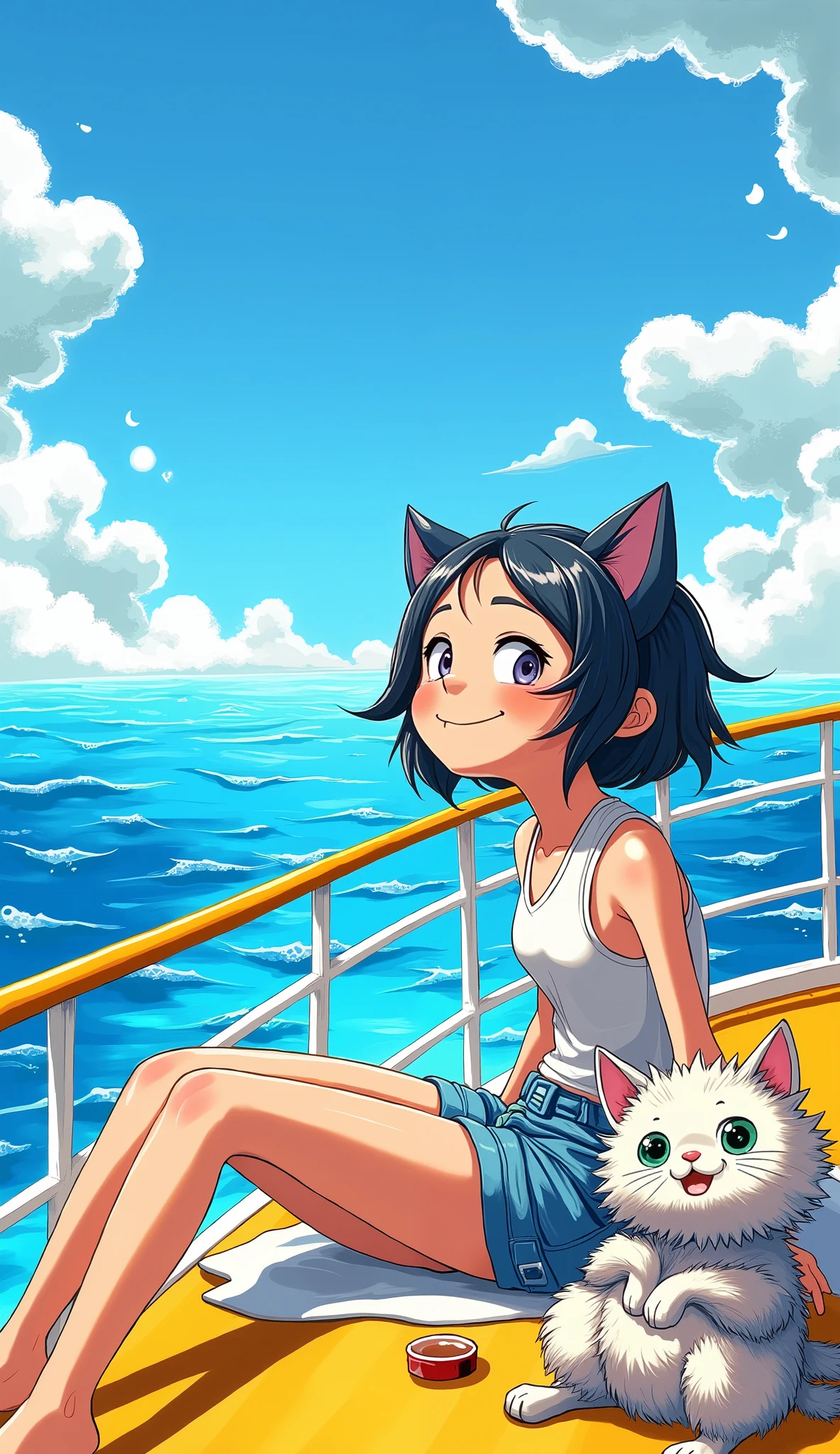 A playful blue and yellow sketch style illustration of a girl sitting on the top deck of a luxurious cruise ship. She has a joyful expression as she gazes at the vibrant blue sky and the shimmering ocean. Beside her, a cute cat with fluffy fur is playfully lounging, basking in the sunshine. The sketch captures the whimsical essence of the scene, with loose lines and cheerful colors that highlight the luxury of the cruise ship and the carefree atmosphere of their adventure at sea. The background features stylized waves and fluffy clouds, enhancing the playful vibe of the artwork.