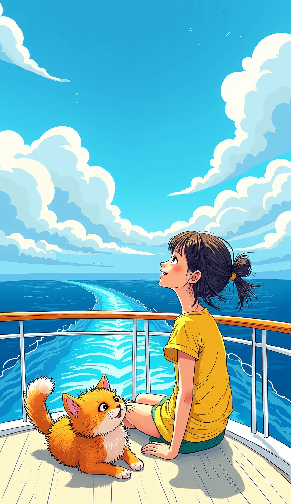 A playful blue and yellow sketch style illustration of a girl sitting on the top deck of a luxurious cruise ship. She has a joyful expression as she gazes at the vibrant blue sky and the shimmering ocean. Beside her, a cute cat with fluffy fur is playfully lounging, basking in the sunshine. The sketch captures the whimsical essence of the scene, with loose lines and cheerful colors that highlight the luxury of the cruise ship and the carefree atmosphere of their adventure at sea. The background features stylized waves and fluffy clouds, enhancing the playful vibe of the artwork.