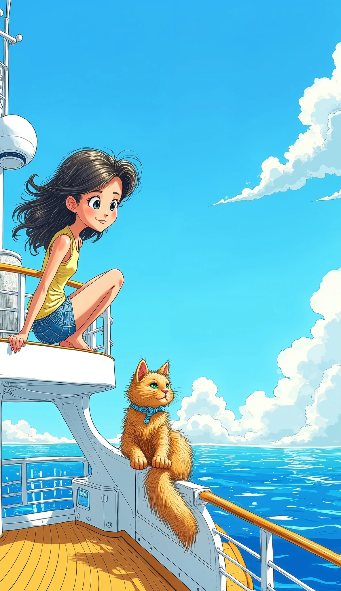 A playful blue and yellow sketch style illustration of a girl sitting on the top deck of a luxurious cruise ship. She has a joyful expression as she gazes at the vibrant blue sky and the shimmering ocean. Beside her, a cute cat with fluffy fur is playfully lounging, basking in the sunshine. The sketch captures the whimsical essence of the scene, with loose lines and cheerful colors that highlight the luxury of the cruise ship and the carefree atmosphere of their adventure at sea. The background features stylized waves and fluffy clouds, enhancing the playful vibe of the artwork.