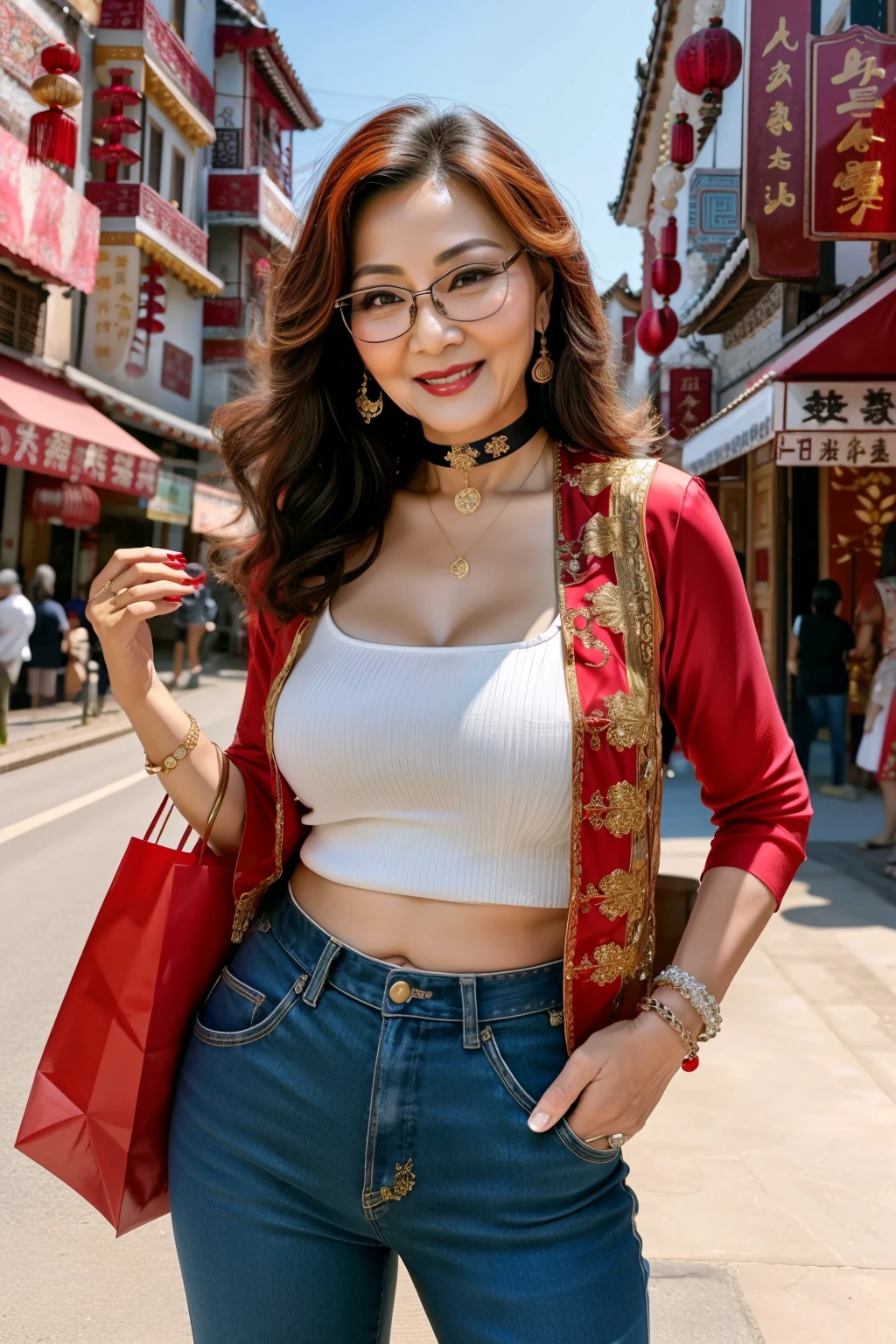 88 years old mom milf Chinese Lady large earring Big choker navel piercing decoration A bracelet realisitic Gorgeous Madame Beautiful Mature Woman sexly Smile Gentle woman navel piercing 4K High quality Chinatown crowd Sports bra Glasses