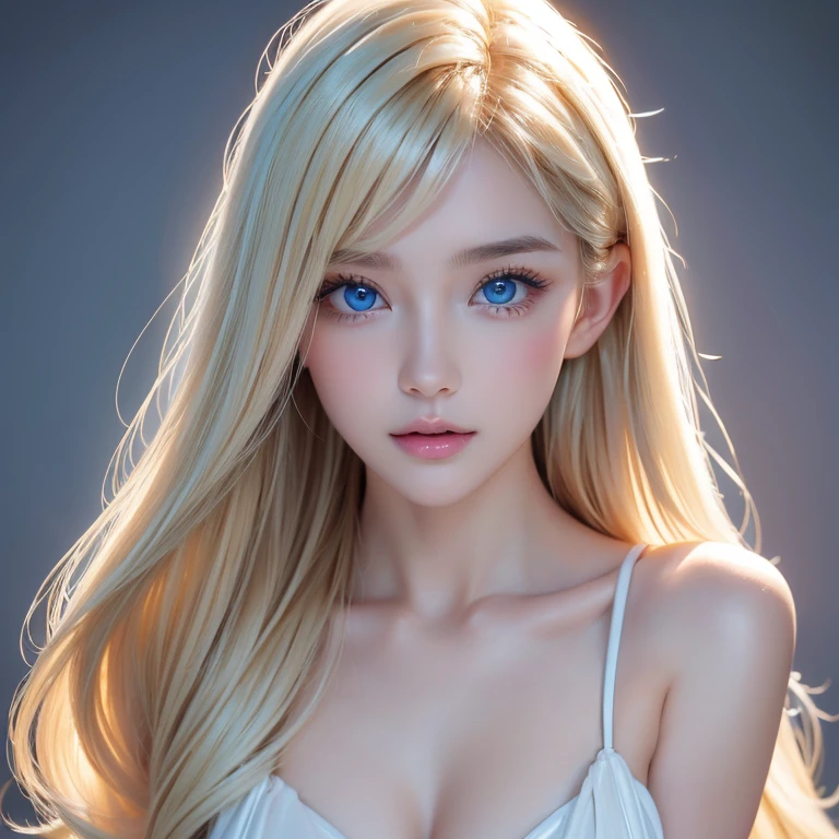 Beautiful supermodel woman with blonde hair, a lock of hair with a slight highlight, blue-gray eyes, mixed medium, undried paint, jewel beetle, colored background, liquid color flowing across her face, photographed by Jingna Chang. --v 6