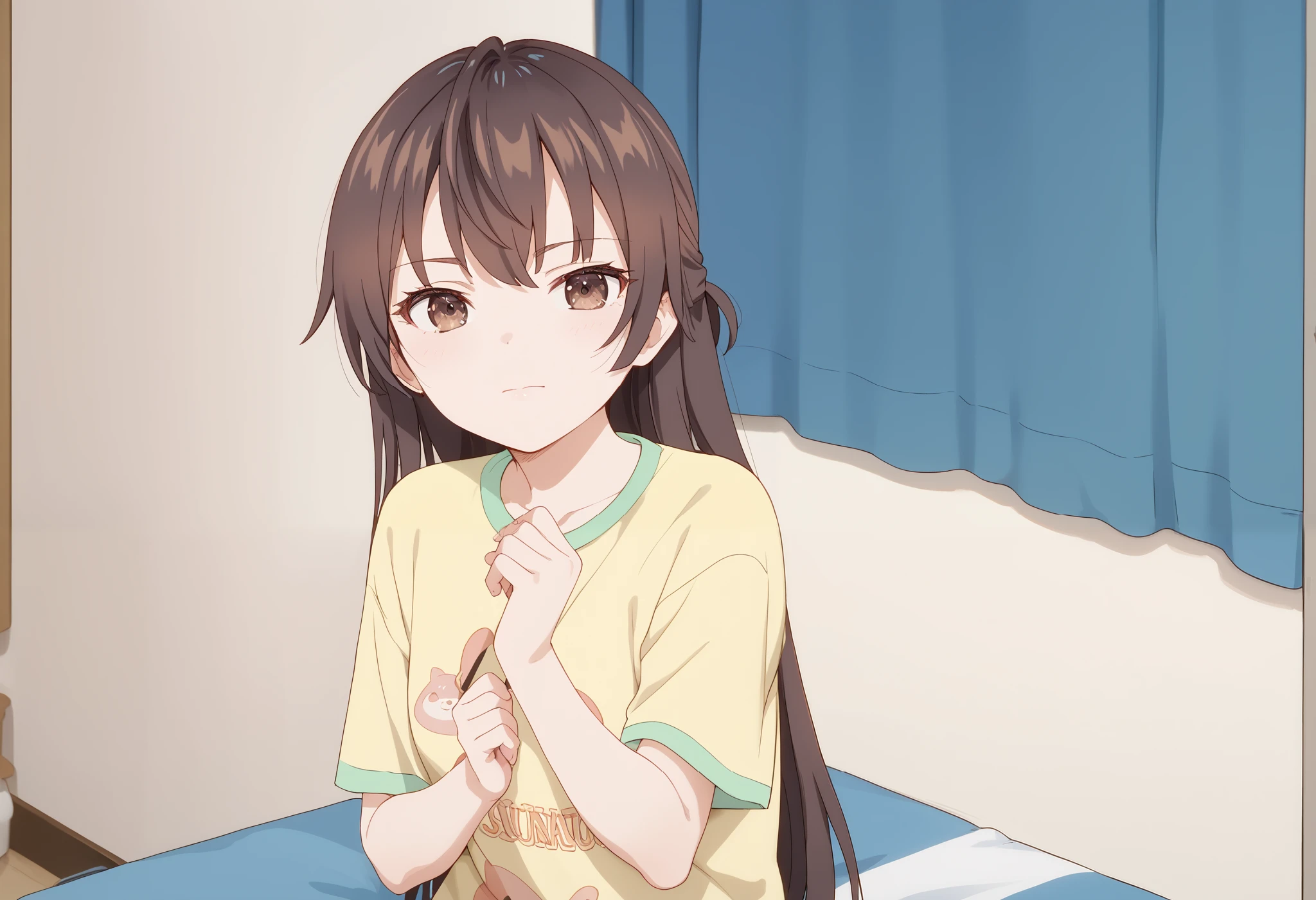 Masterpiece, hd, 2d, anime, best quality, yukisou, 1girl, Brown hair, brown eyes, closed mouth, wearing t-shirt, yellow t-shirt, indoor, potrait