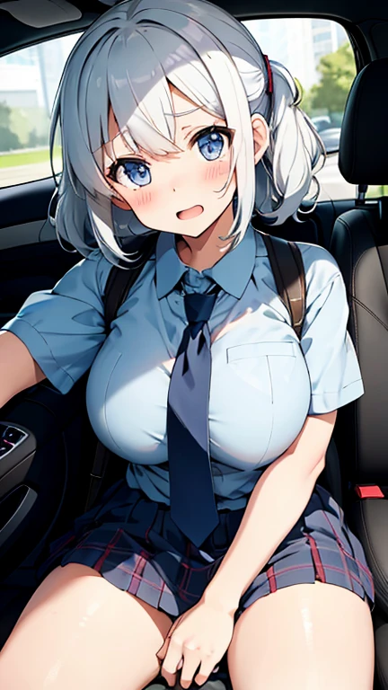 masterpiece,best quality,insanely detailed,
(upper body),(from front),
(1girl),(arms behind back),(sit in passenger seat),
BREAK,
(light white hair:1.1),
BREAK,
((blush:1.3)),((ecstasy face:1.3)),((trembling:1.3)),(looking at viewer),(open mouth:1.1),((huge breasts:1.3)),
BREAK,
(light blue collared shirt:1.2),(light blue short sleeve:1.2),BREAK,(plaid miniskirt),(necktie),
BREAK,
(in car:1.2),