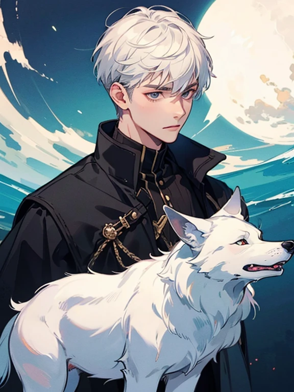 Short_silver_hair, hair_back_side, small_bangs_on the sides, 1young_man, really_sky_blue_eyes, beautiful_and_detailed_eyes, serious_face, dress, noble_uniform, holding_a_black_sword_with_golden_dragon_handle, left_hand_inside_pocket, black_pants, detailed_hands, with_real_like_dragons_black_dragon, fire_dragon, white_dragon, background_Moonlight, better_quality, HD_quality