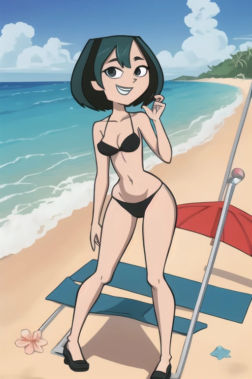 masterpiece, best quality, <lora:cassandra_jones:0.7> 1girl, solo, smile, black eyes, dark skin, black hair, short hair, looking at viewer, makeup, lipstick, black bikini, outdoors, beach, sunlight, detailed ilumination