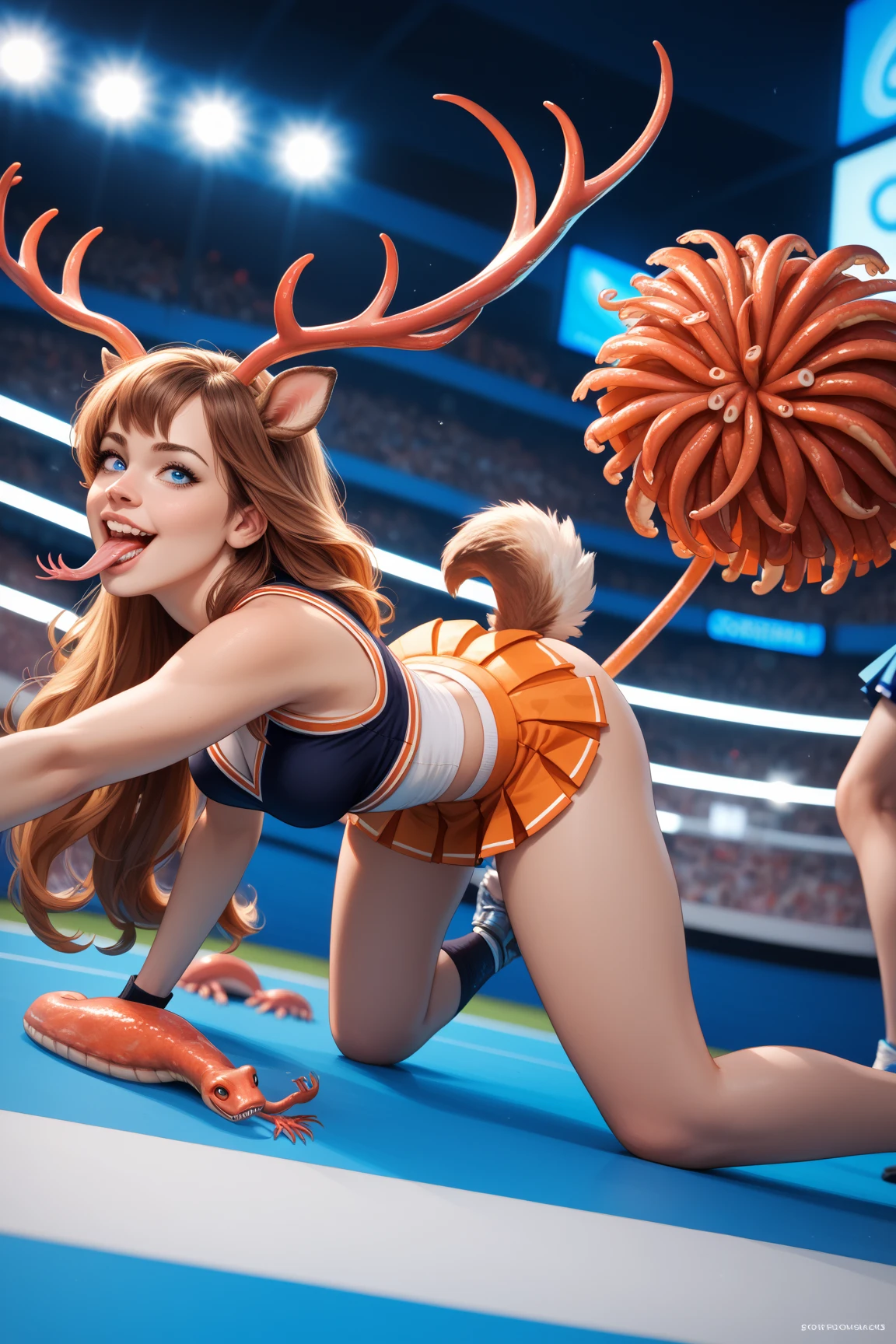 (masterpiece) finest quality, ultra-detailed, ultra-realistic, HDR, full color, 1girl, miniskirt, cheerleader, pussy, gangbang
