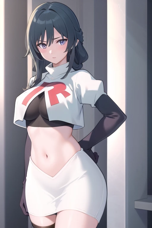 (masterpiece, best quality, ultra-detailed), 1girl, looking at viewer, glasses, team rocket,team rocket uniform,white skirt,red letter R,crop top,black thigh-highs,black elbow gloves,