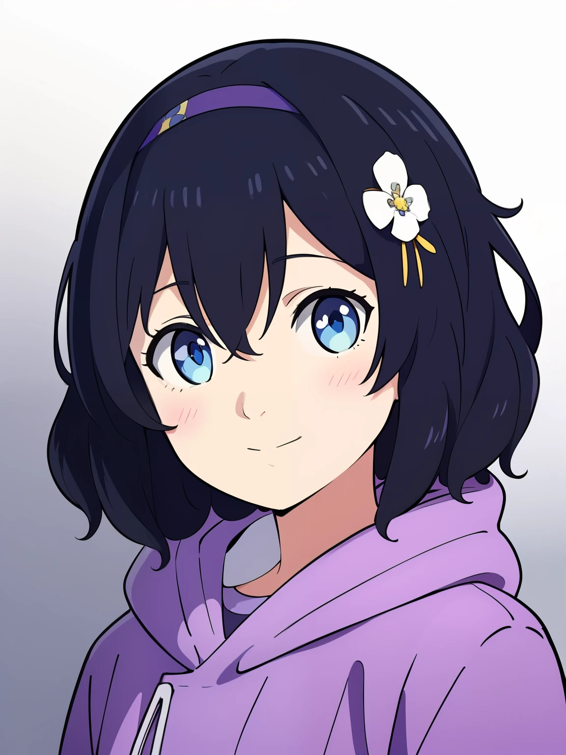 (high-quality, breathtaking),(expressive eyes, perfect face) 1girl, female, solo, black hair, medium hair length, brown blue eyes, cute smile, positive expresion, black background, portrait, symmetrical eyes, pale skin, sickly, hair between eyes, dress, jacket, firefly, grey background, wavy curly hair, gradient hair, modern clothing, headband, hair accessory, purple hoodie, flower in hair