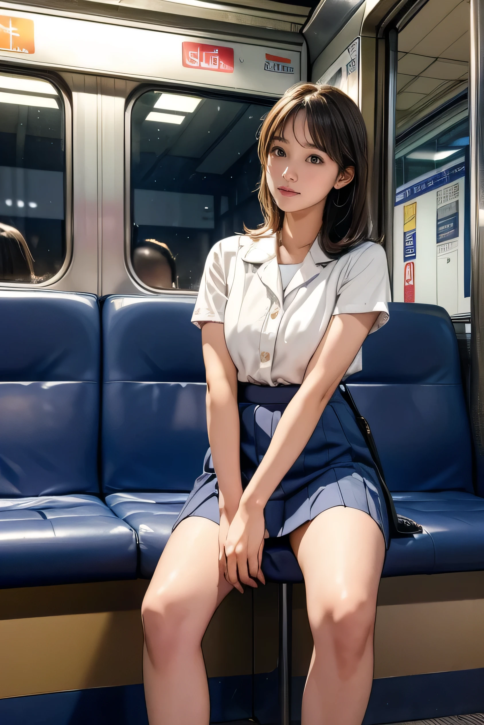 ((Best Quality, 8k, Masterpiece: 1.3)), Focus, 1 japanese girl, 19 years old, Perfect Body Beauty, ((Random Haircut, Breasts)), (white school shirt, dark blue short skirt) , ((sitting facing forward in a train seat, Japanese train)), japanese school uniform, (((white pantie that can be seen through gap between her legs))), Highly Detailed Face and Skin Texture, Whitened Skin, low angle