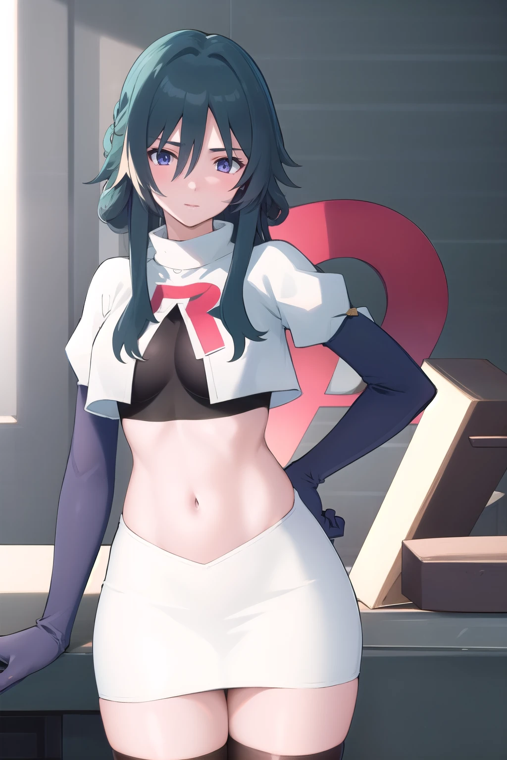 best quality, masterpiece, highres, solo, {tlaloc_fgo:1.15}, bangs, black_hair, blue_hair, multicolored_hair, long_hair, hat, breasts, jewelry, streaked_hair, black_eyes, 1girl, hair_ornament, looking_at_viewer, two-tone_hair, ponytail, makeup, team rocket,team rocket uniform,white skirt,red letter R,crop top,black thigh-highs,black elbow gloves,