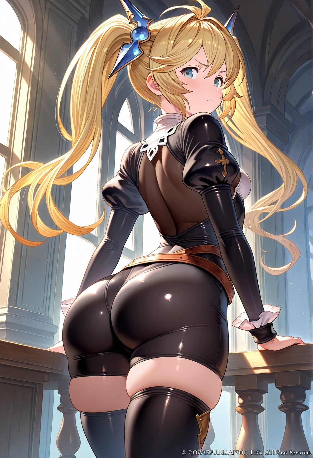 anime girl, toned, perfect breasts, fit body, perfect ass, golden braided hair, Smiling, brown eyes, standing up, steampunk factory, bottom view, ((steampunk style)), bokeh, tight sexy clothing