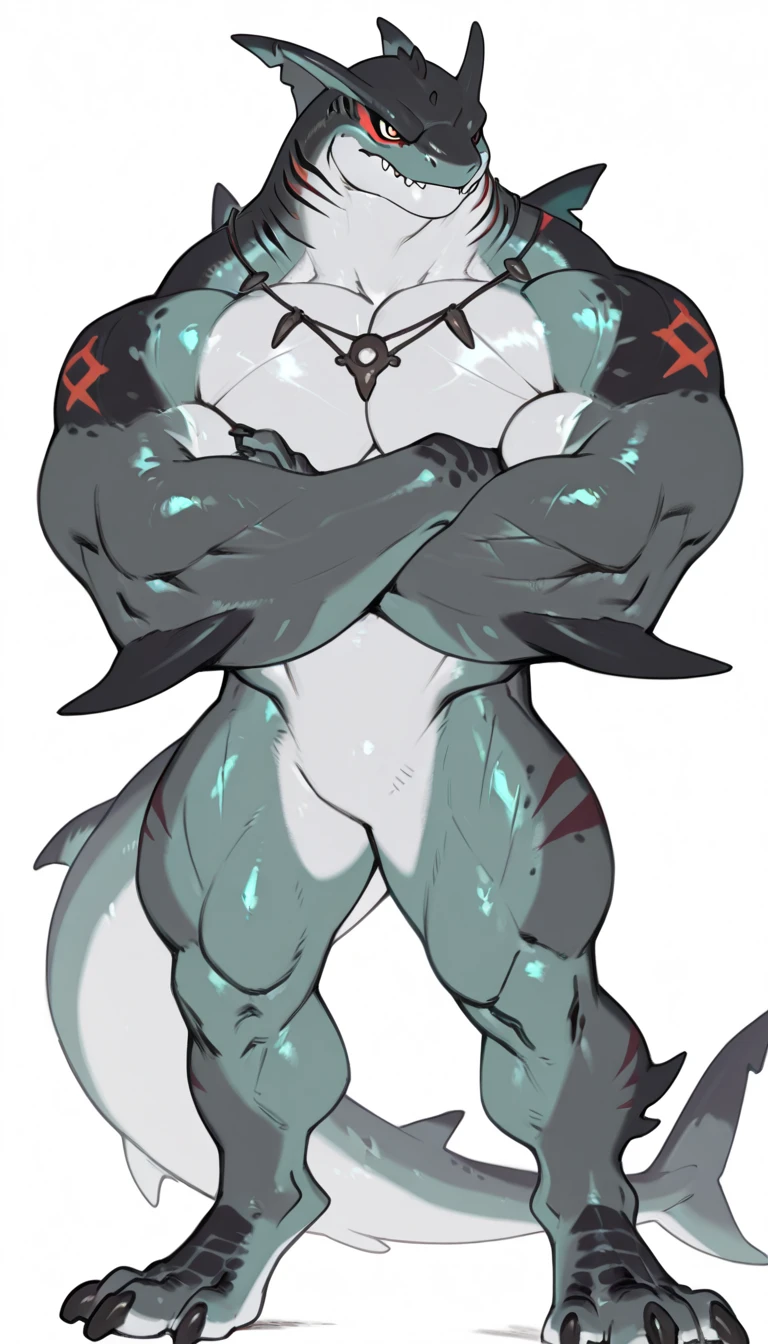 sharkman, anthro megalodon, darker hands and fins, black back, solo, big arms, bara, detailed skin, lizard shark hybrid, anthro, closed mouth, tribal polynesian tattoos, detailed shark skin, scalie arms, fins on arms, gray color body, beefy, thick scales on arms, digitigrade legs, proporcional body, mercenary pants, wide chest, trapezoid body type, marked jaw, thick shark tail, The design incorporates elements from various shark species, such as the dorsal fin, sharp teeth, and muscular build, best quality, sketch, ultra-detailed, by Buta99, by taran fiddler, by honovy, by Riolutiny, detailed illustration of 4K horror, standing with crossed arms