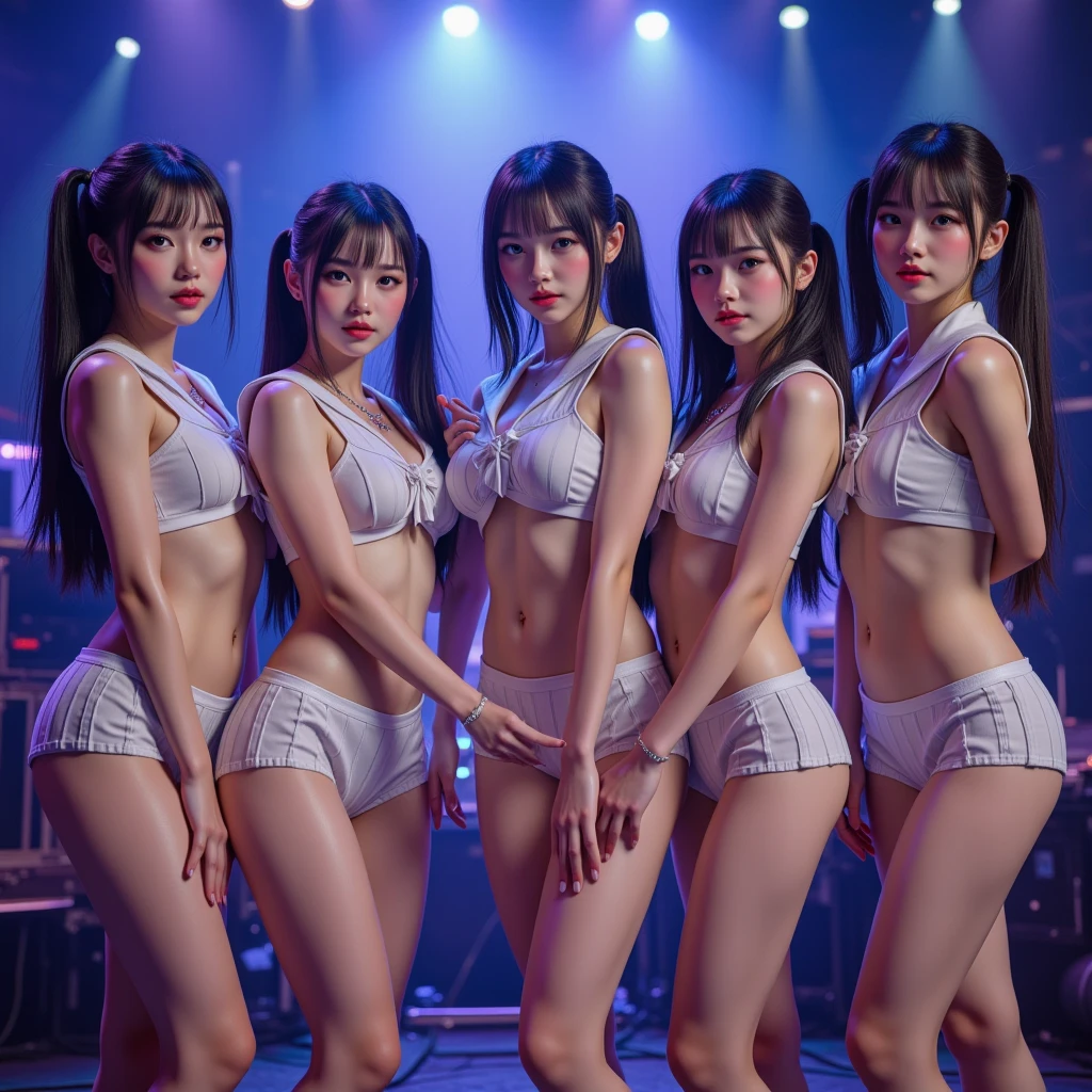 A scene where three cute girls perform a sexy dance. The costumes are super sexy, mainly white.