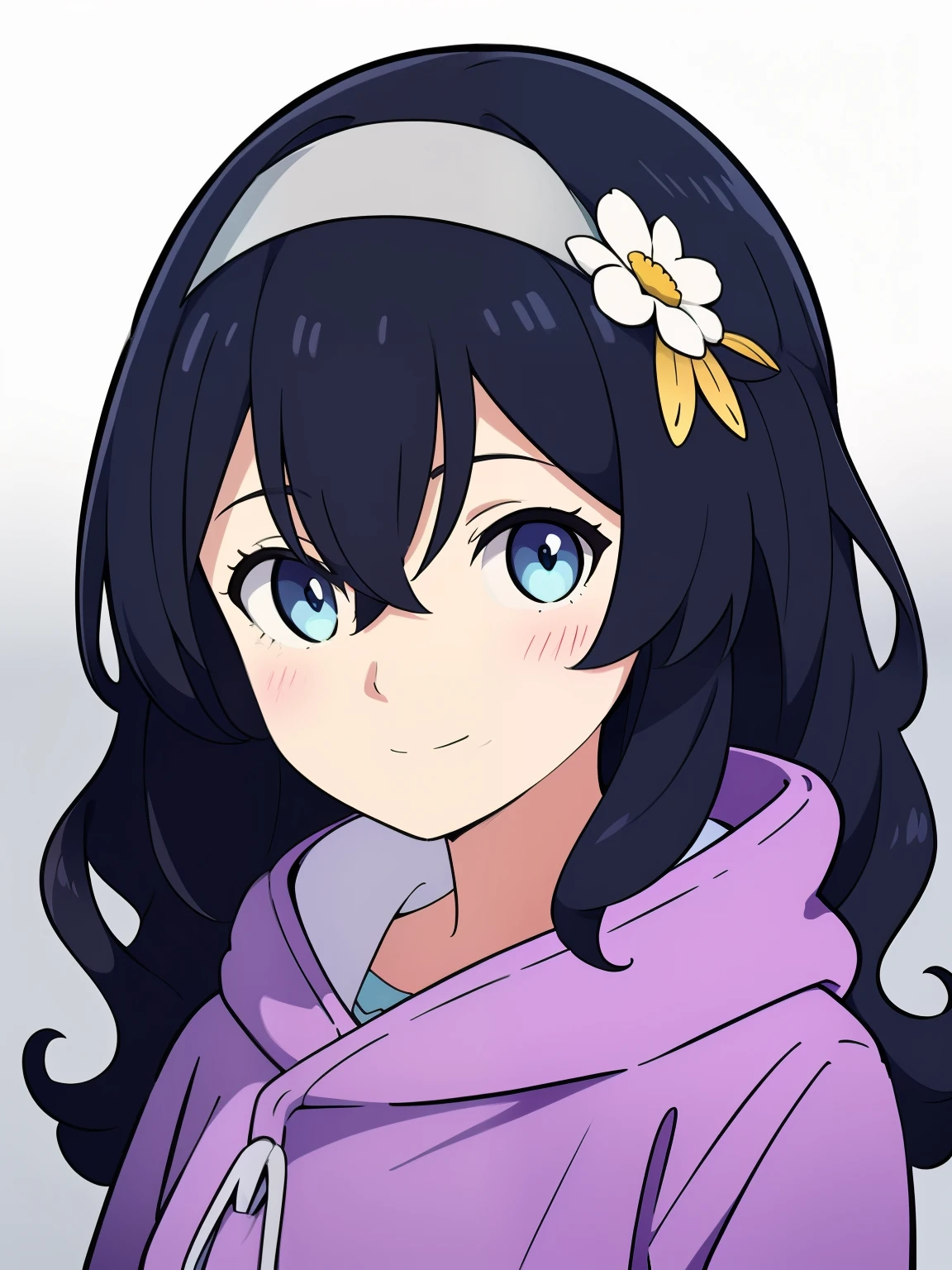 (high-quality, breathtaking),(expressive eyes, perfect face) 1girl, female, solo, black hair, long hair length, brown blue eyes, cute smile, positive expresion, black background, portrait, symmetrical eyes, pale skin, sickly, hair between eyes, dress, jacket, firefly, grey background, wavy curly hair, gradient hair, modern clothing, headband, hair accessory, purple hoodie, flower in hair