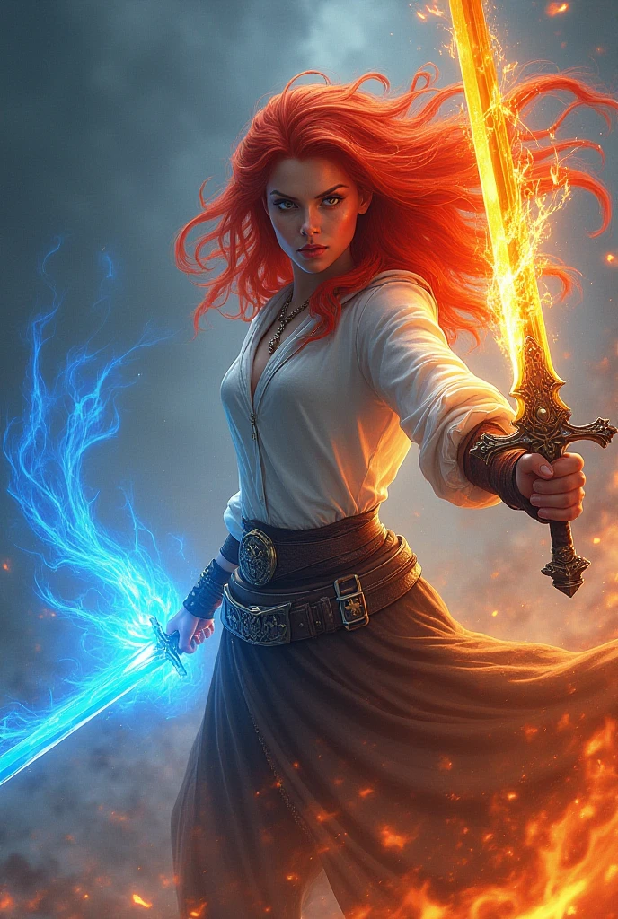 Adult anime woman chainmail short yellow dress cleavage fithing with 2 swords : ice sword and flame sword red hair
