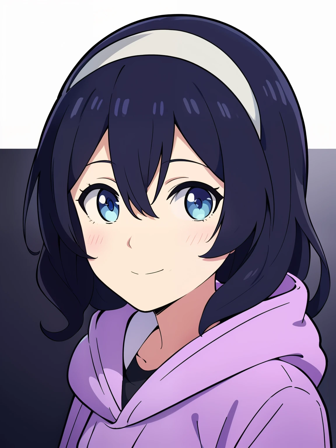 (high-quality, breathtaking),(expressive eyes, perfect face) 1girl, female, solo, black hair, long hair length, brown blue eyes, cute smile, positive expresion, black background, portrait, symmetrical eyes, pale skin, sickly, hair between eyes, dress, jacket, firefly, grey background, wavy curly hair, gradient hair, modern clothing, headband, hair accessory, purple hoodie, flower in hair