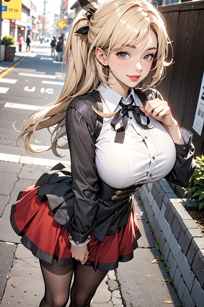 masterpiece, best quality, highres, hs1, light purple eyes, huge butt, wide hips, thick thighs upskirt, long sleeves, cleavage, long blonde hair, pink cardigan, black thighhighs, plaid skirt, red ribbon, garter straps, , outdoors, cowboy shot, standing, smile, panty peek, floral print pink panties, looking at viewer, thick thighs, jirai kei, ear piercings, street view, sakura