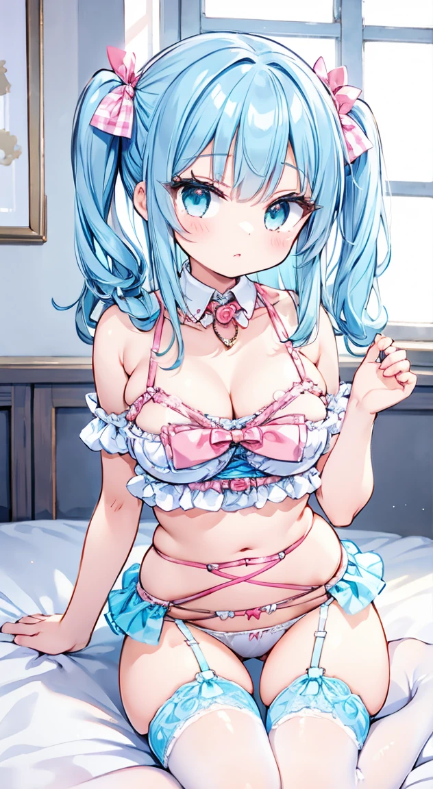 masterpiece, best quality, nsfw, 1girl, cowboy shot, looking away, bed, night, dark skin, fighter, blue hair, very long hair, straight hair, embarrassed, clenched teeth, large breasts, small nipples, gothic lolita, Blue striped bra, Blue striped panties, ((see through)), (((skirt lift))), ((cameltoe)), (((spread pussy))), crotch grab, ((six-pack)),