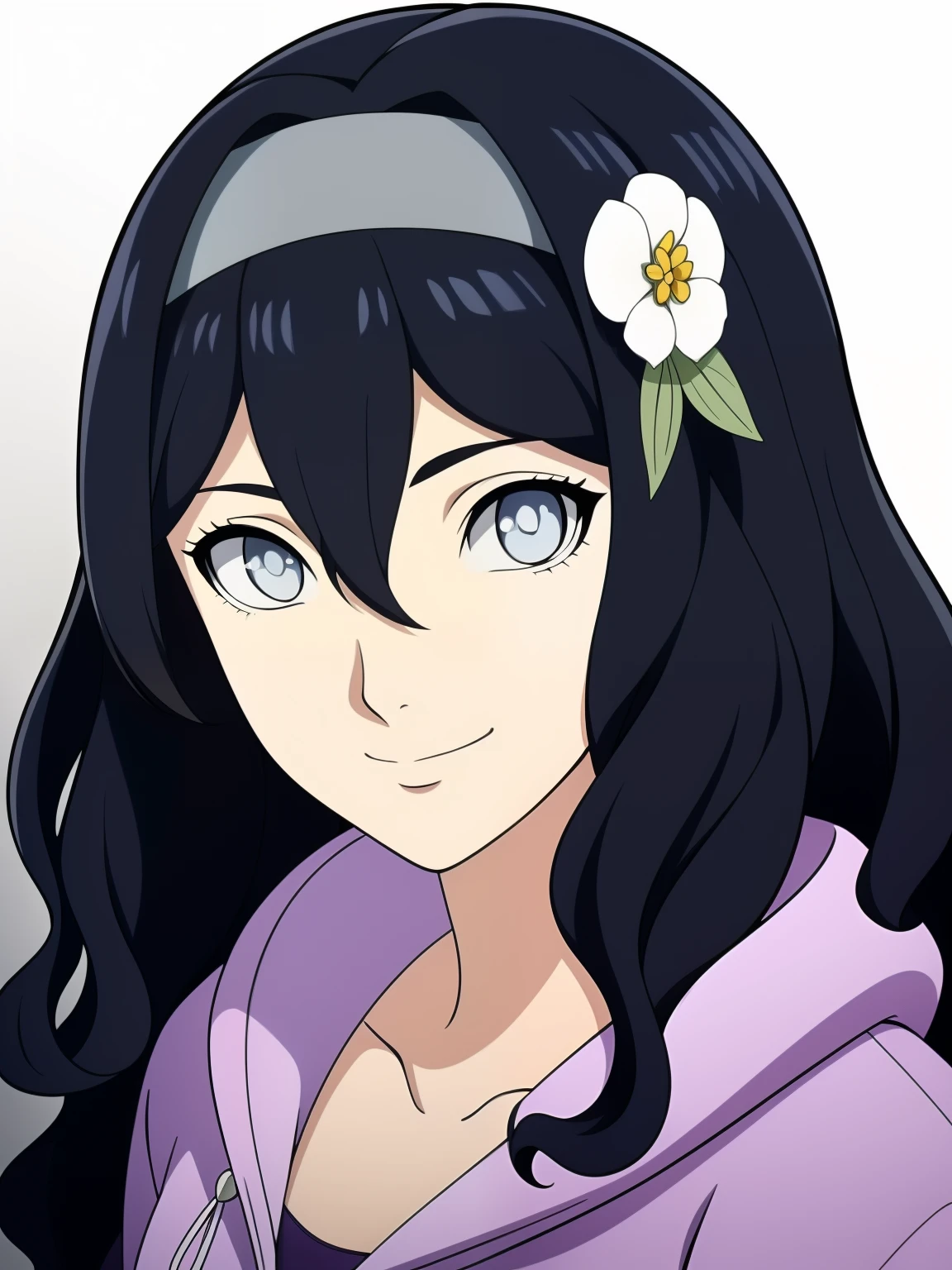 (high-quality, breathtaking),(expressive eyes, perfect face) 1girl, female, solo, black hair, long hair length, brown blue eyes, cute smile, positive expresion, black background, portrait, symmetrical eyes, pale skin, sickly, hair between eyes, dress, jacket, firefly, grey background, wavy curly hair, gradient hair, modern clothing, headband, hair accessory, purple hoodie, flower in hair