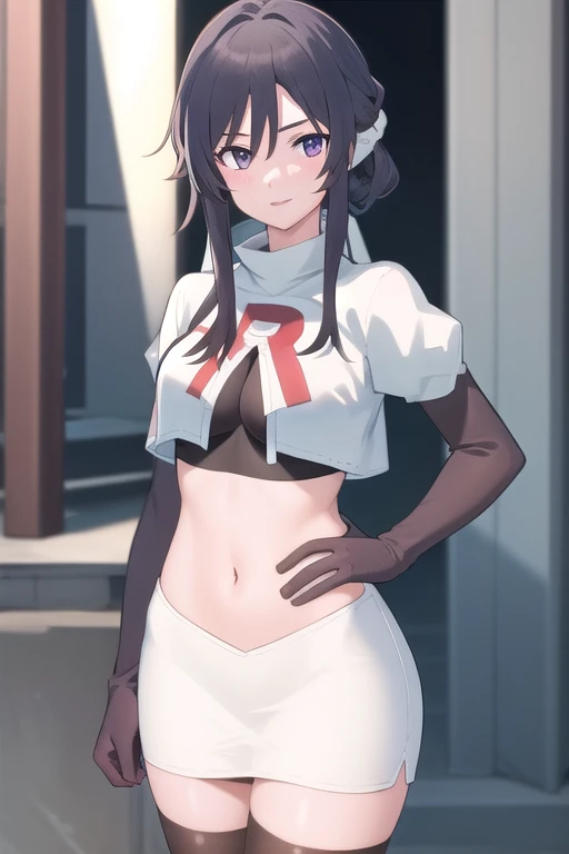 hitomihino, hitomi hino, long hair, black hair, hair ornament, (purple eyes:1.1),
BREAK team rocket,team rocket uniform,white skirt,red letter R,crop top,black thigh-highs,black elbow gloves,
BREAK looking at viewer, cowboy shot,
BREAK (masterpiece:1.2), best quality, high resolution, unity 8k wallpaper, (illustration:0.8), (beautiful detailed eyes:1.6), extremely detailed face, perfect lighting, extremely detailed CG, (perfect hands, perfect anatomy),