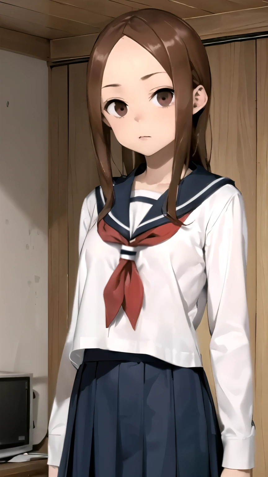(masterpiece,best quality)), { , DATE_artstyle_LoRA : dark_horror_filter } { : Takagi : brown_hair : long_hair : forehead : brown_eyes} { : perfectly small shape  : cute : flawless_body: perfectly slender body : petite } { sailor collar, red neckerchief, sailor shirt, white shirt, long sleeves, pleated skirt, blue skirt}  } {standing_straight} { no_emotion : hypnotized_eyes } { sweating  } { } { wooden cabin : messy creepy room : dark } {}