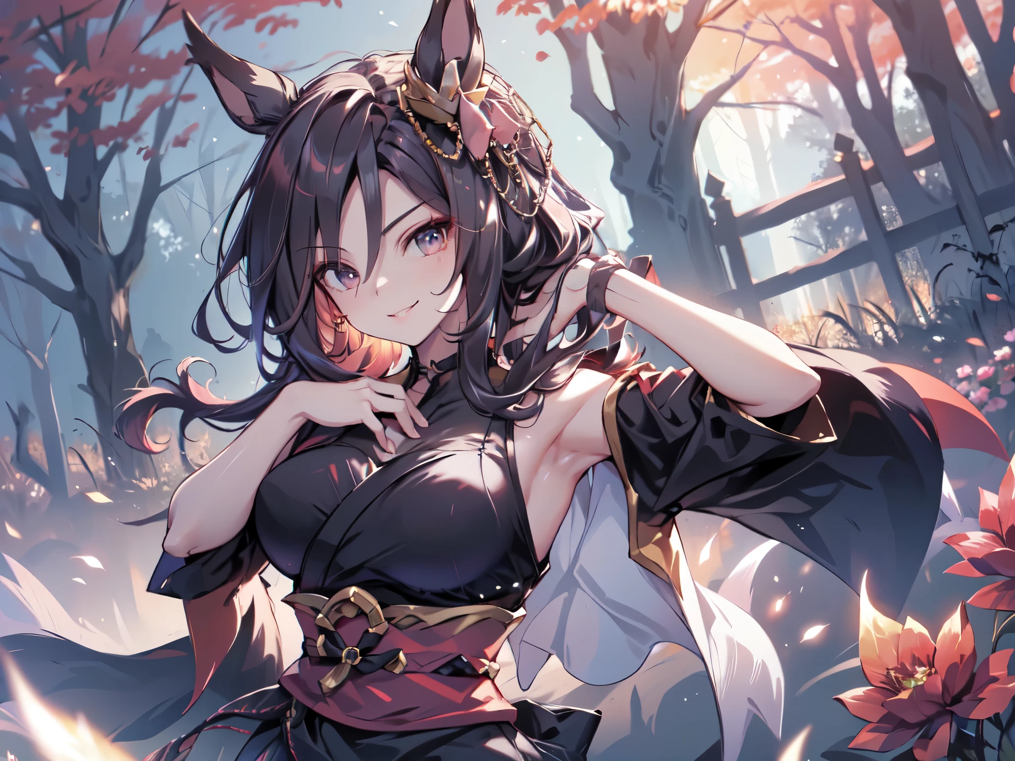 ((solo、alone))、((Oblique angle))、(Focus on the chest、 close up on the upper body)、( horse ears),(( Kunoichi Ninja))、(( long hair))、(red flower hair ornament )、(Red Sky),(Inside the castle wall 、 in the woods)、(smile、 with arms crossed )