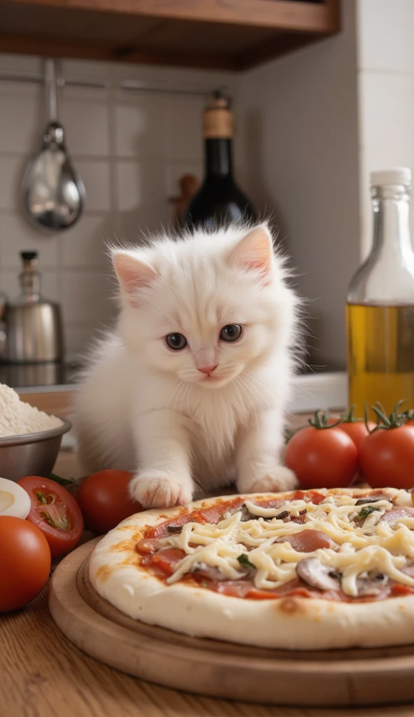 “A fluffy white kitten with soft fur sits on a wooden countertop in a cozy kitchen. Surrounding the kitten are fresh pizza ingredients: a bowl of flour, a bottle of olive oil, tomatoes, cheese, and sliced toppings like pepperoni and mushrooms. The kitten curiously sniffs the ingredients, playfully nudges a tomato with its paw, and looks excited to start cooking.”